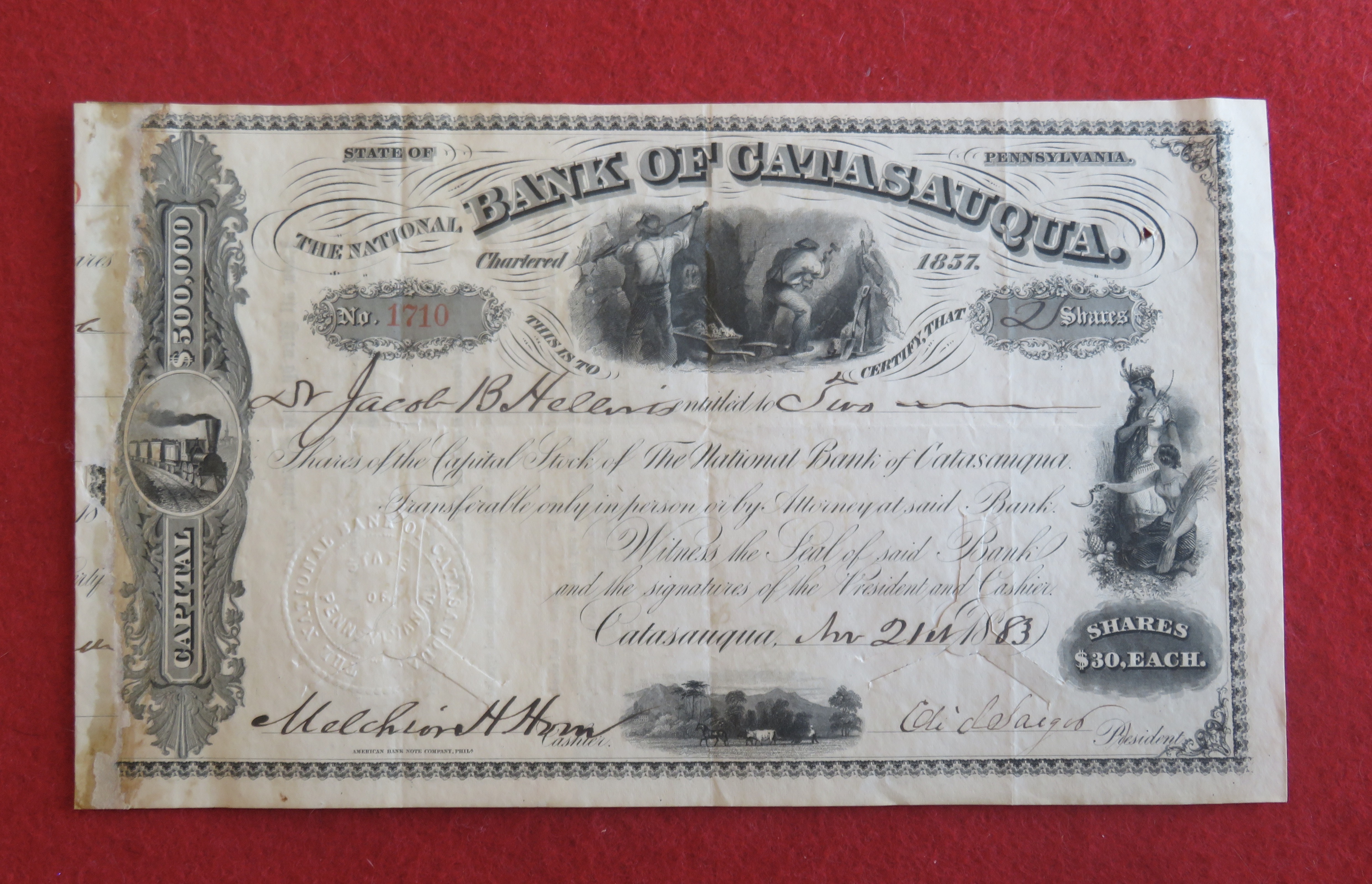 1883 The National Bank Of Catasauqua Stock Certificate