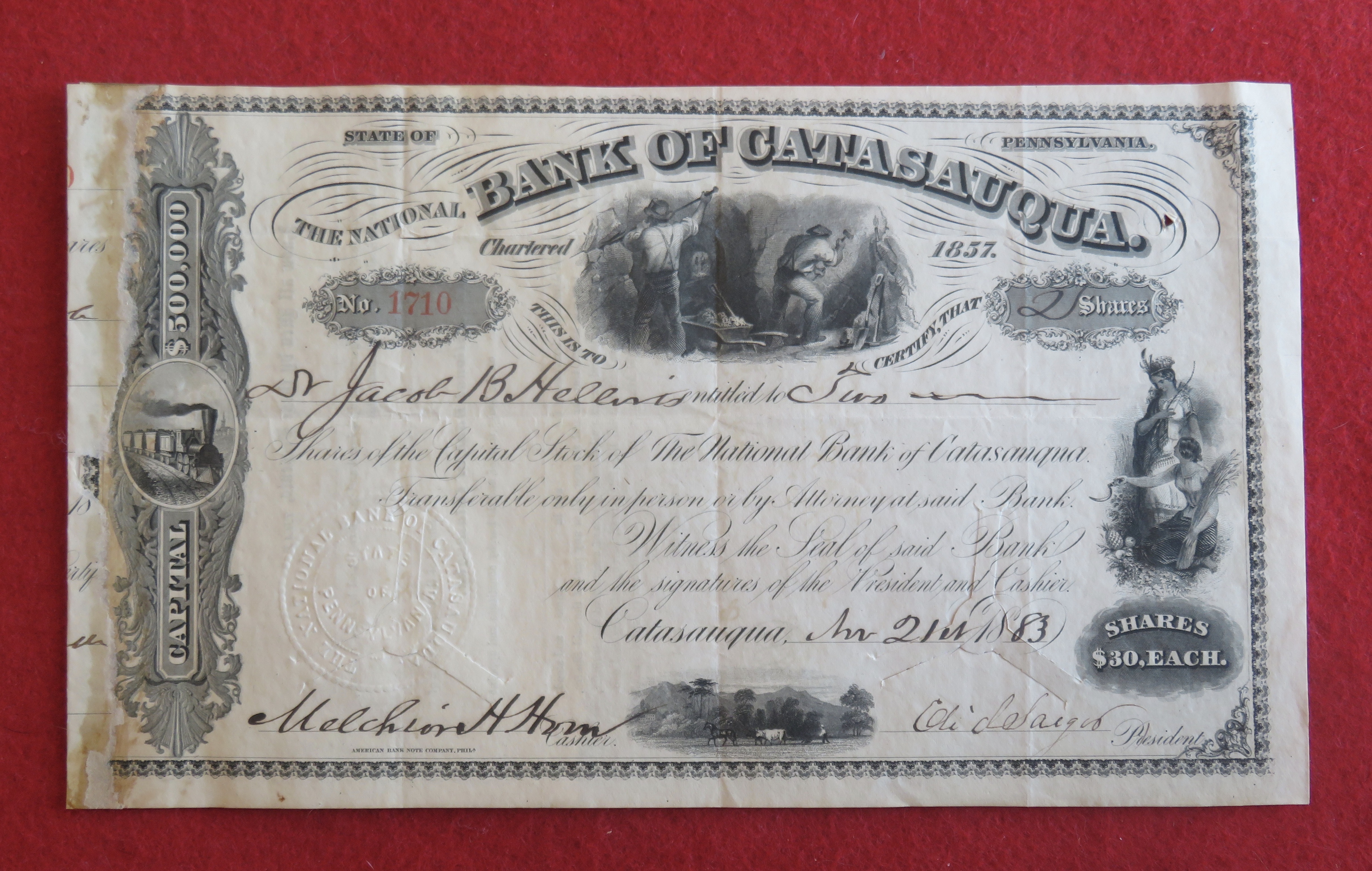 1883 The National Bank Of Catasauqua Stock Certificate