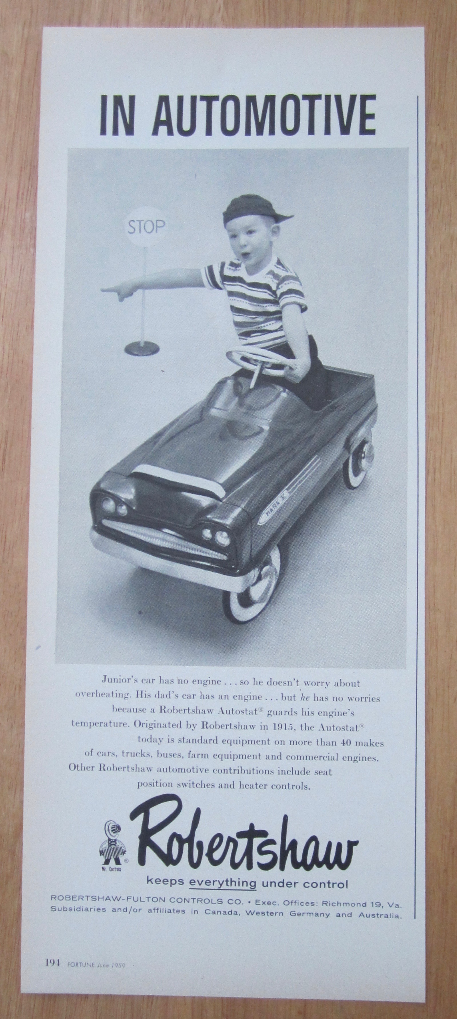 1959 Robertshaw Fulton Controls Co w/Boy & Toy Car