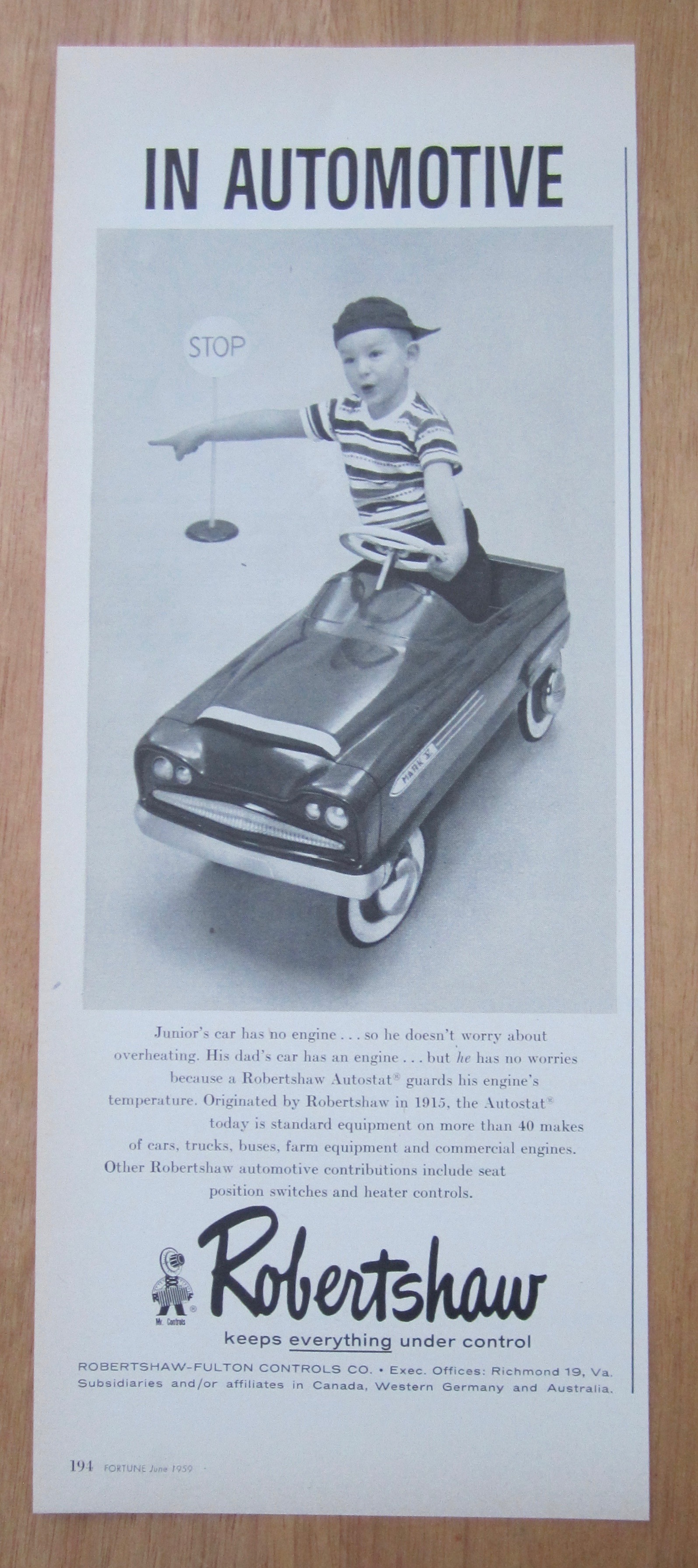 1959 Robertshaw Fulton Controls Co w/Boy & Toy Car
