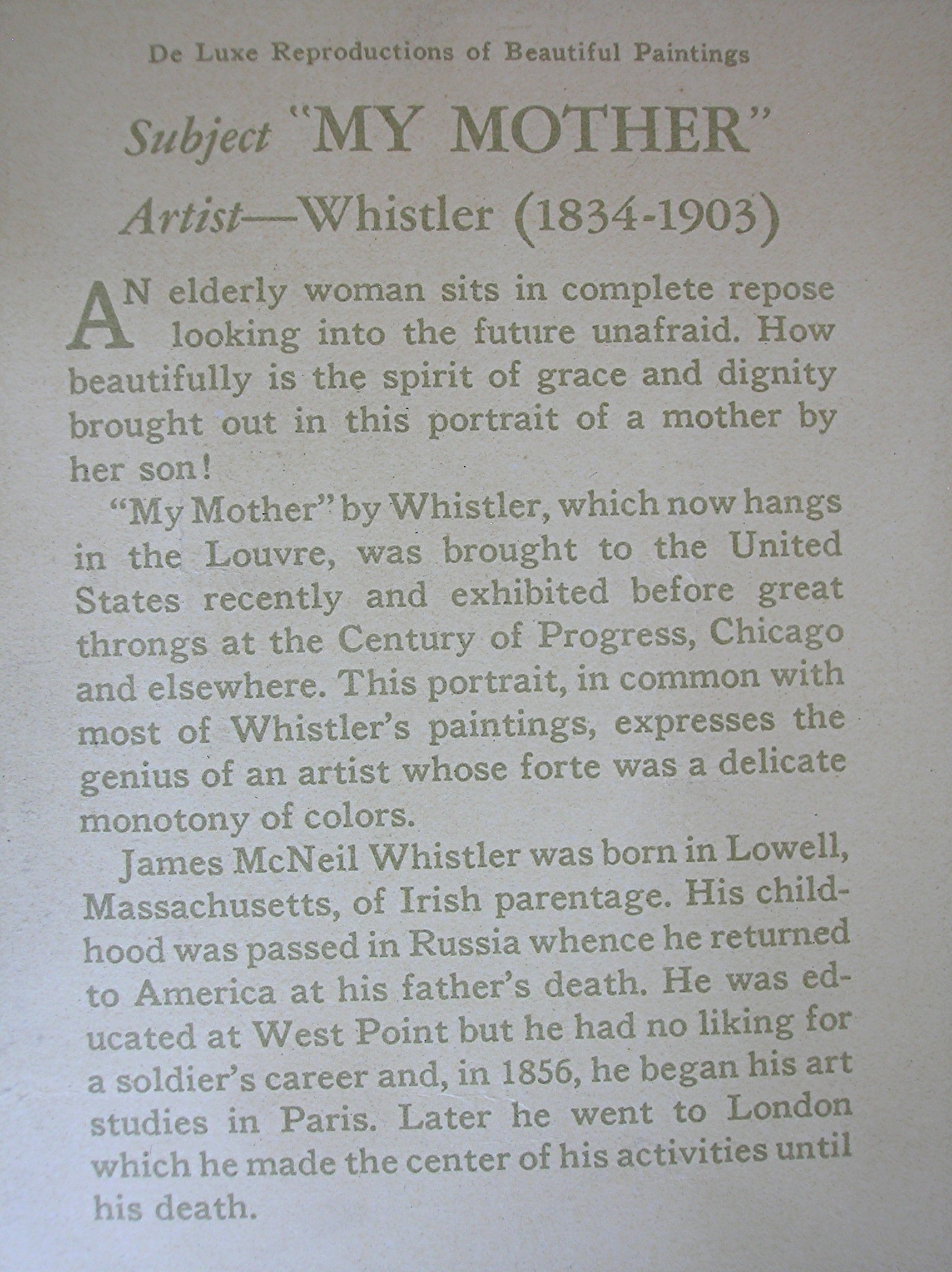 My Mother by Whistler (1834-1903) De Luxe Reproduction