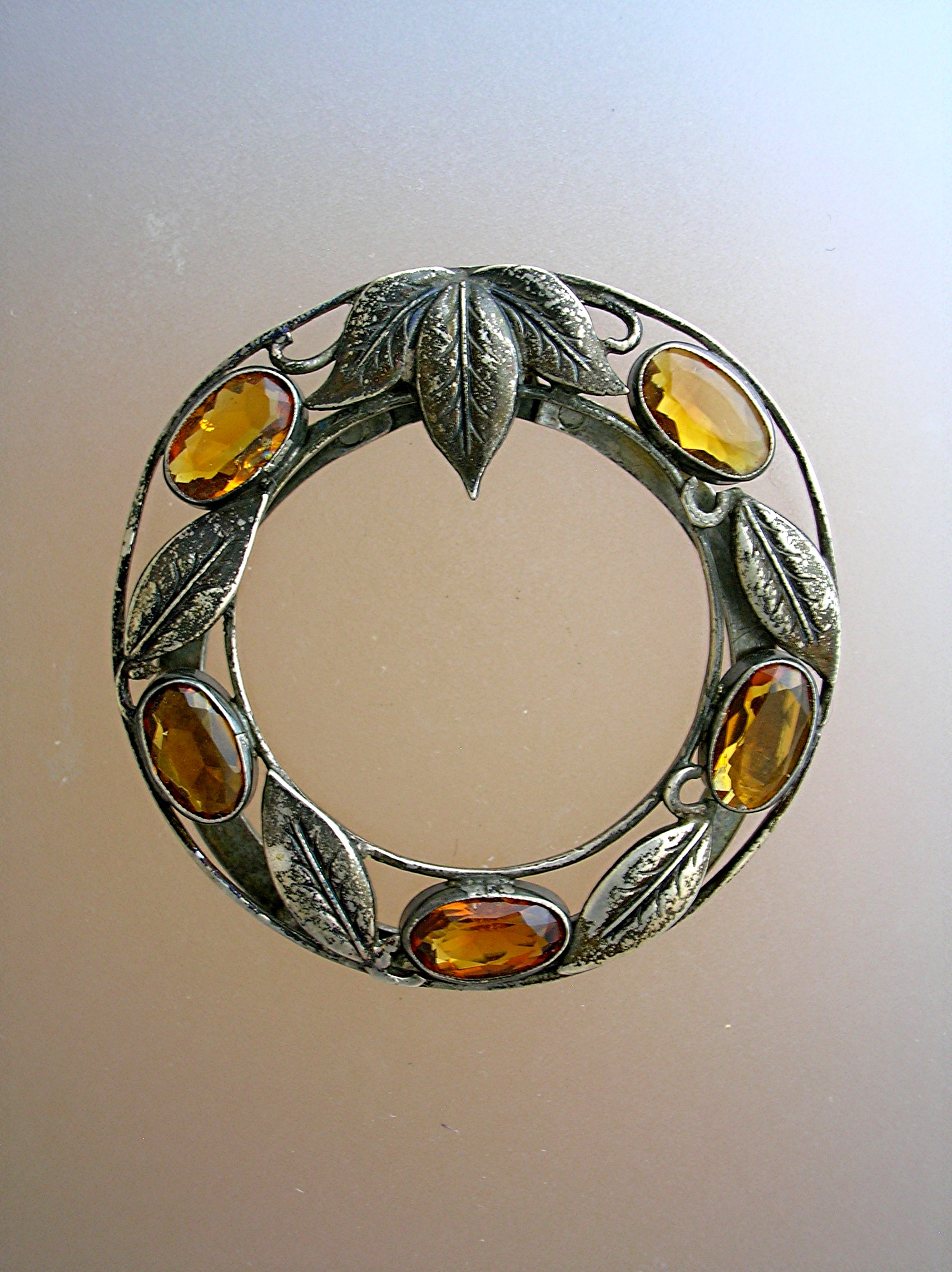 Citrine and Silver Leaves English Scarf  Dress Clip