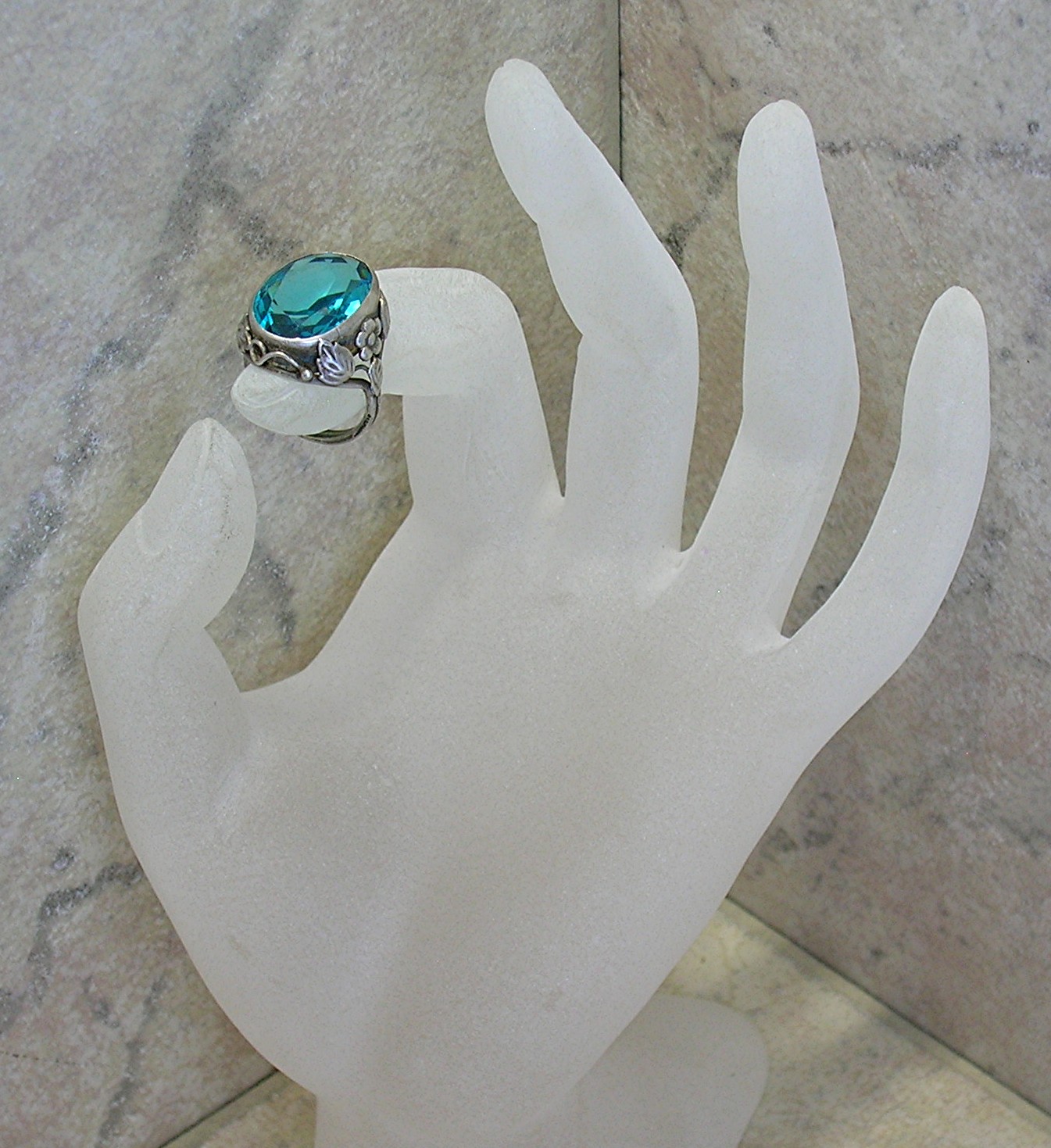 Sterling Silver Signed Blue Green Stone Ring . . . . .