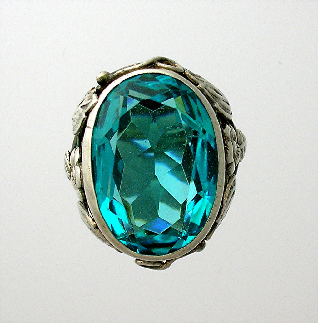Sterling Silver Signed Blue Green Stone Ring . . . . .