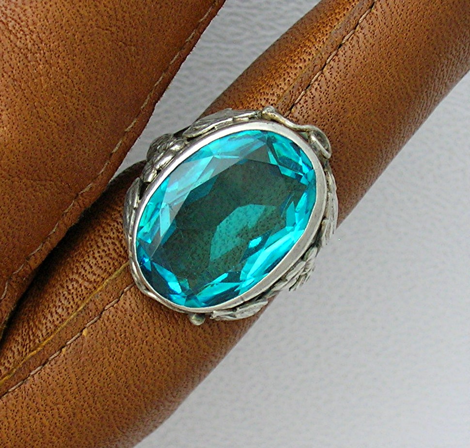 Sterling Silver Signed Blue Green Stone Ring . . . . .