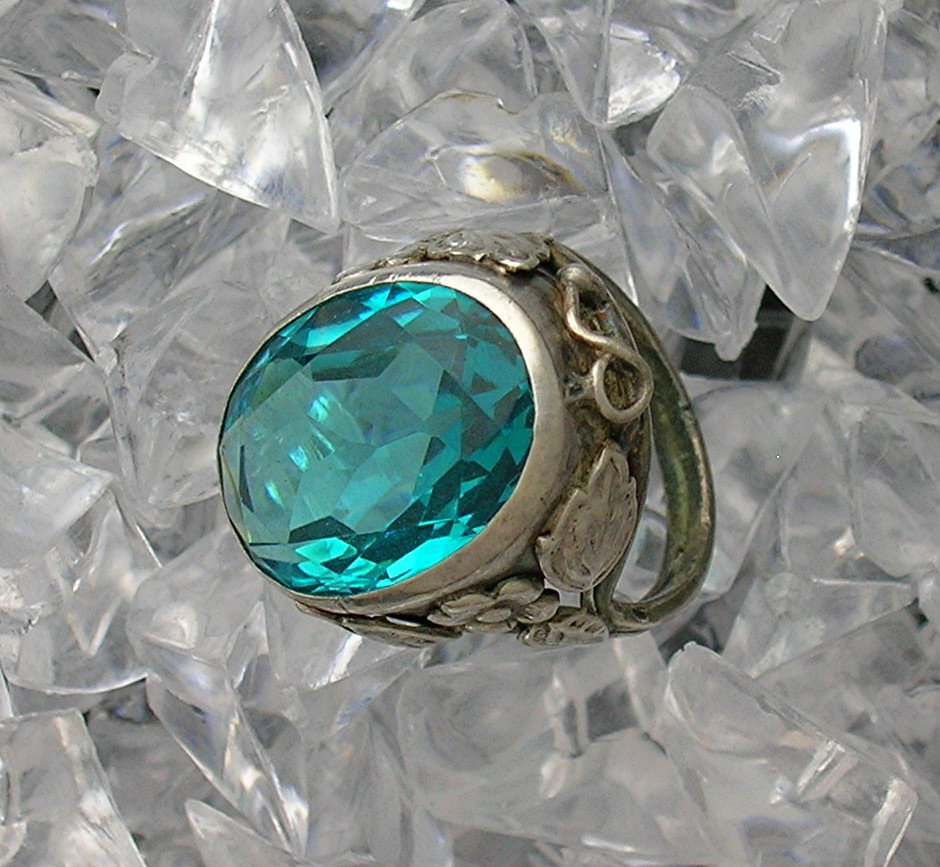 Sterling Silver Signed Blue Green Stone Ring . . . . .