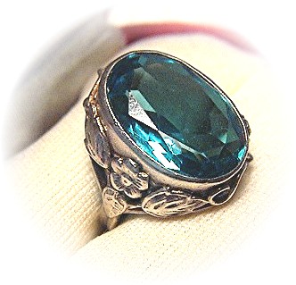 Sterling Silver Signed Blue Green Stone Ring . . . . .