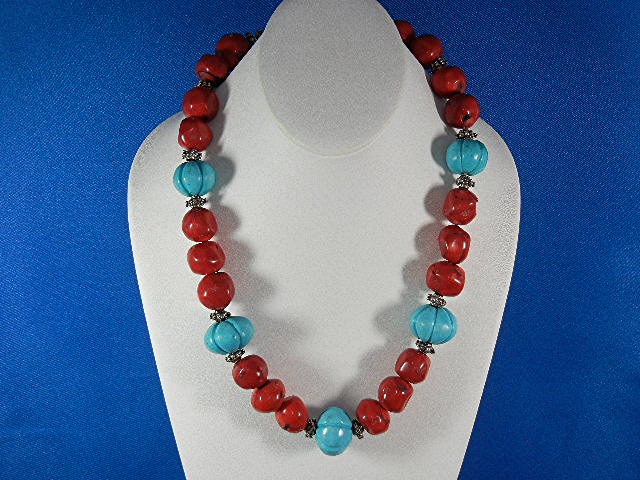 Necklace  Carved Turquoise Coral Silver Spacers