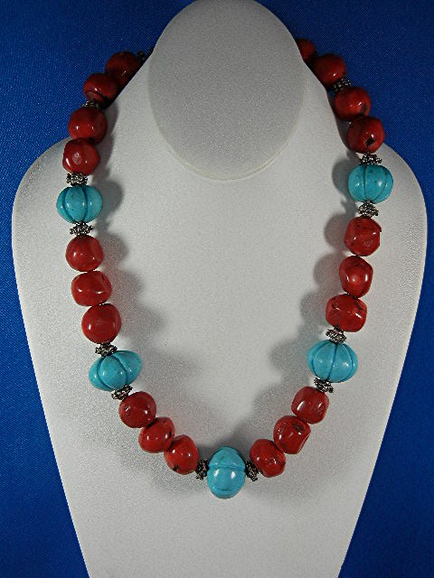 Necklace  Carved Turquoise Coral Silver Spacers
