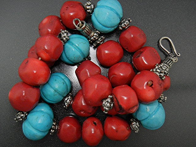 Necklace  Carved Turquoise Coral Silver Spacers