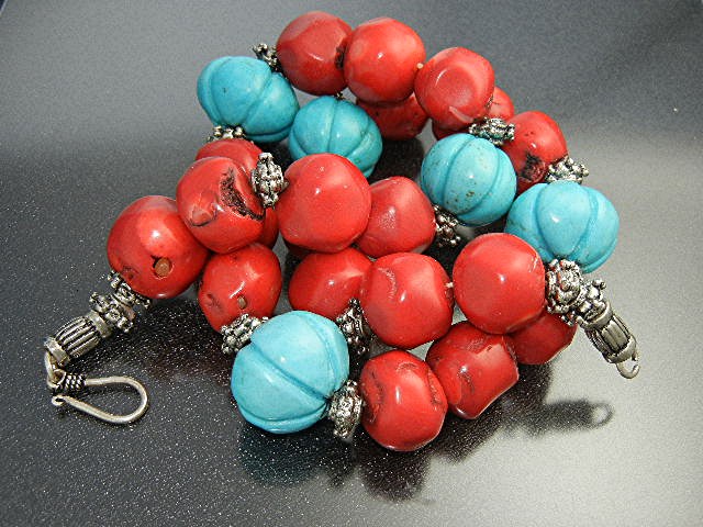Necklace  Carved Turquoise Coral Silver Spacers