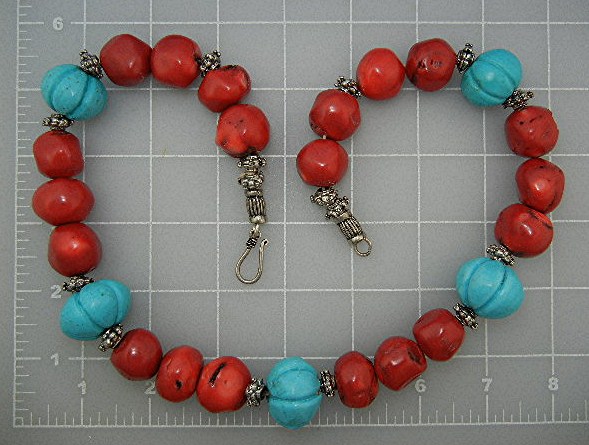 Necklace  Carved Turquoise Coral Silver Spacers