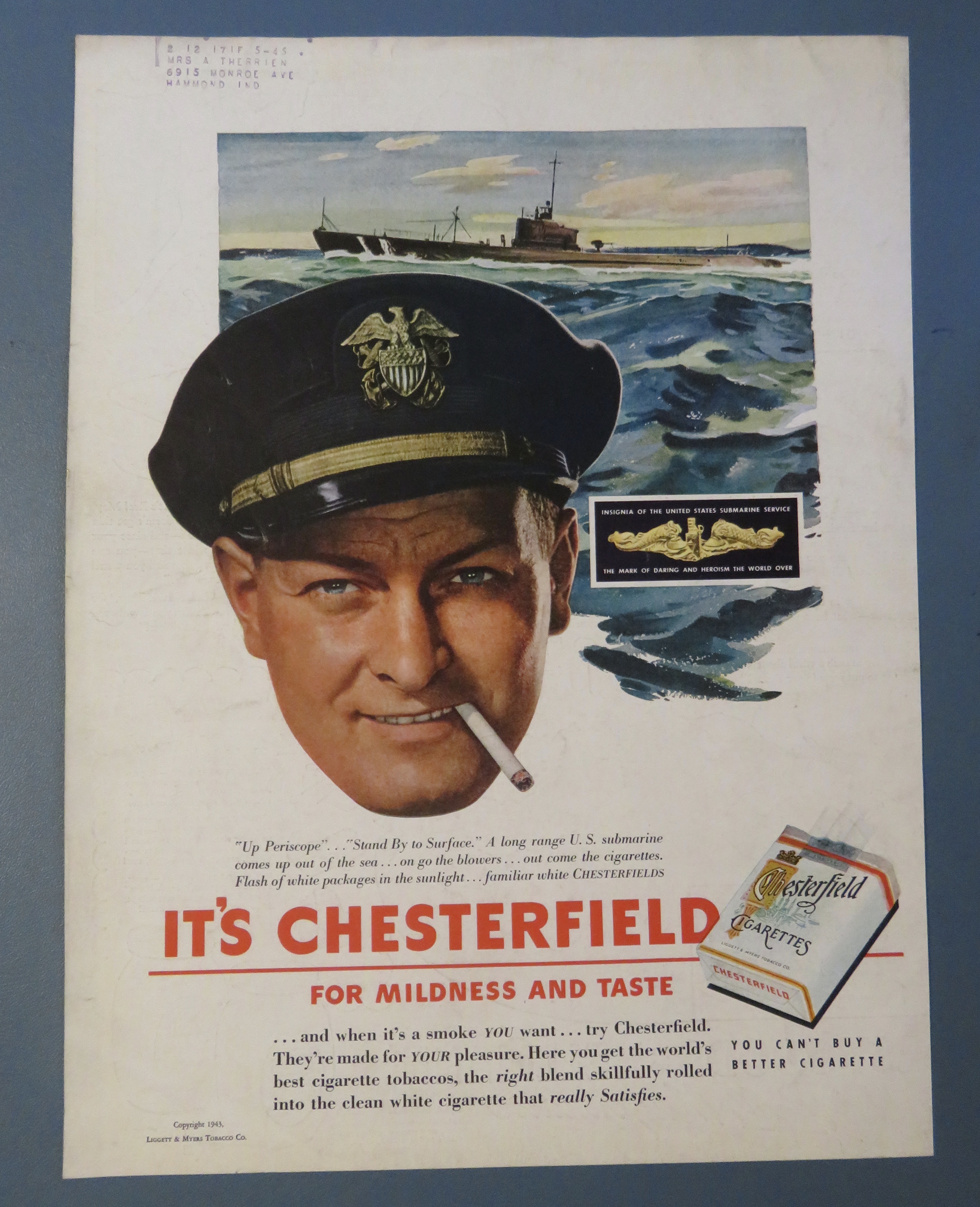 1943 Chesterfield Cigarettes w/ U. S. Submarine Service