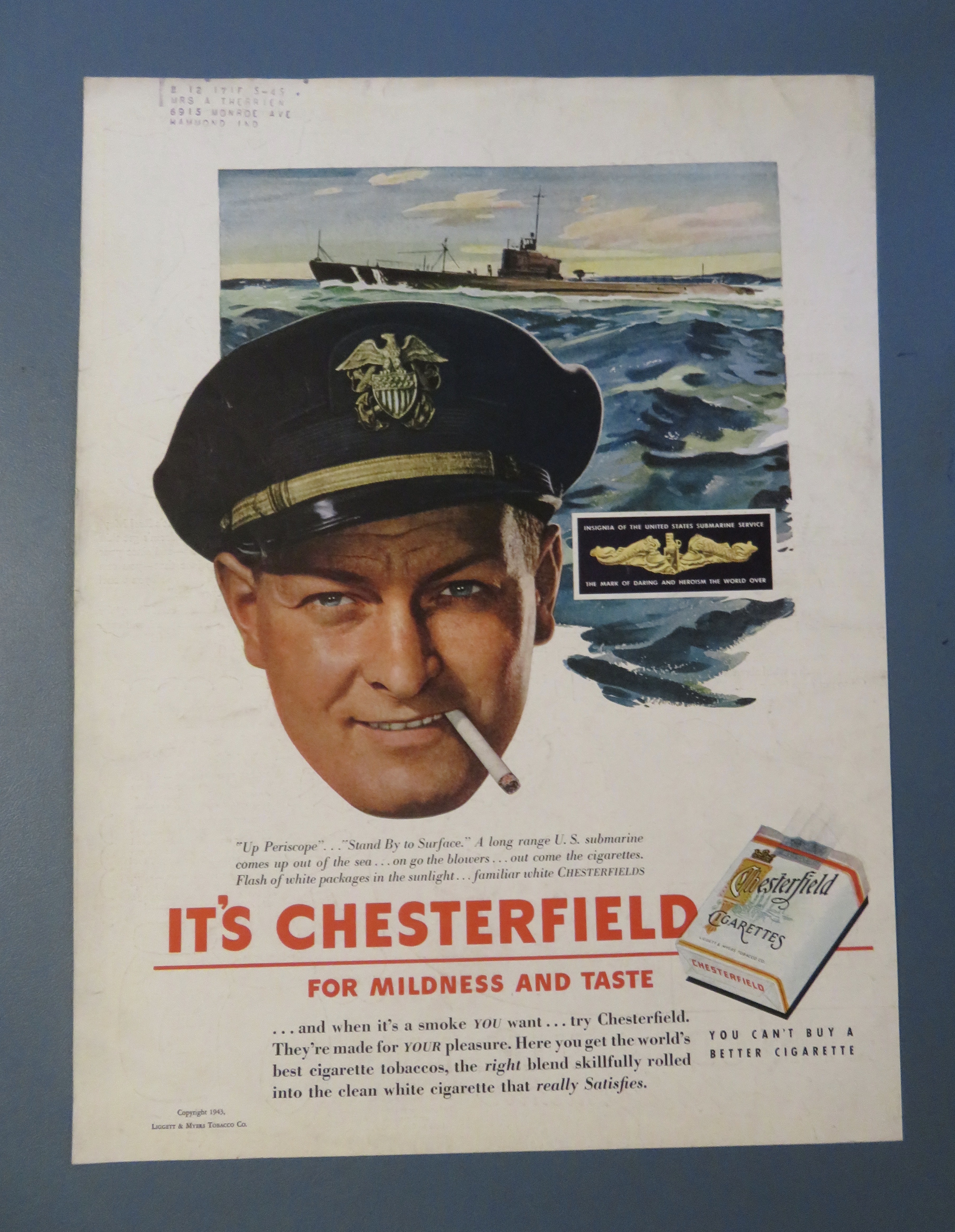 1943 Chesterfield Cigarettes w/ U. S. Submarine Service