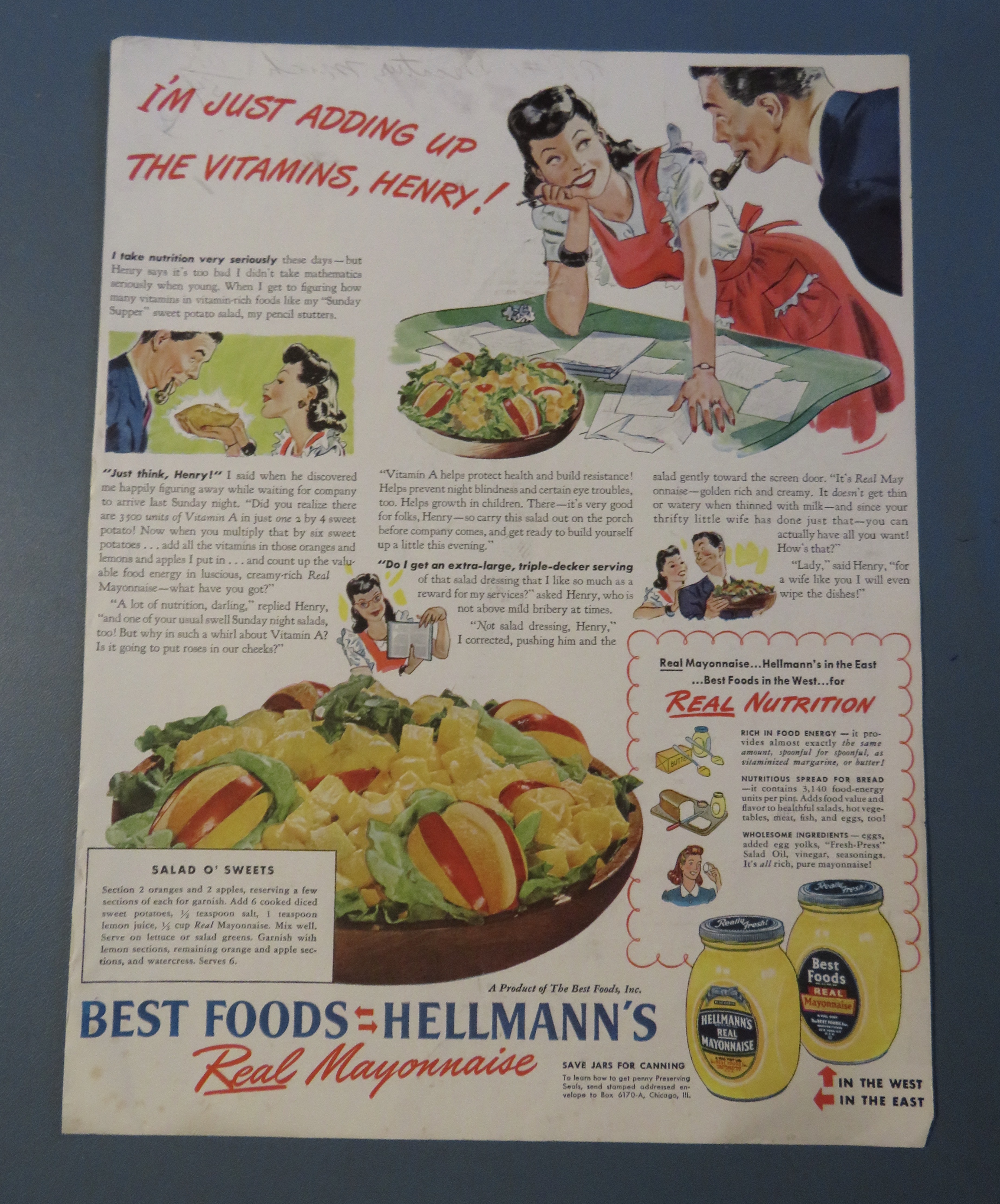 1943 Hellmann's Real Mayonnaise with Salad O' Sweets