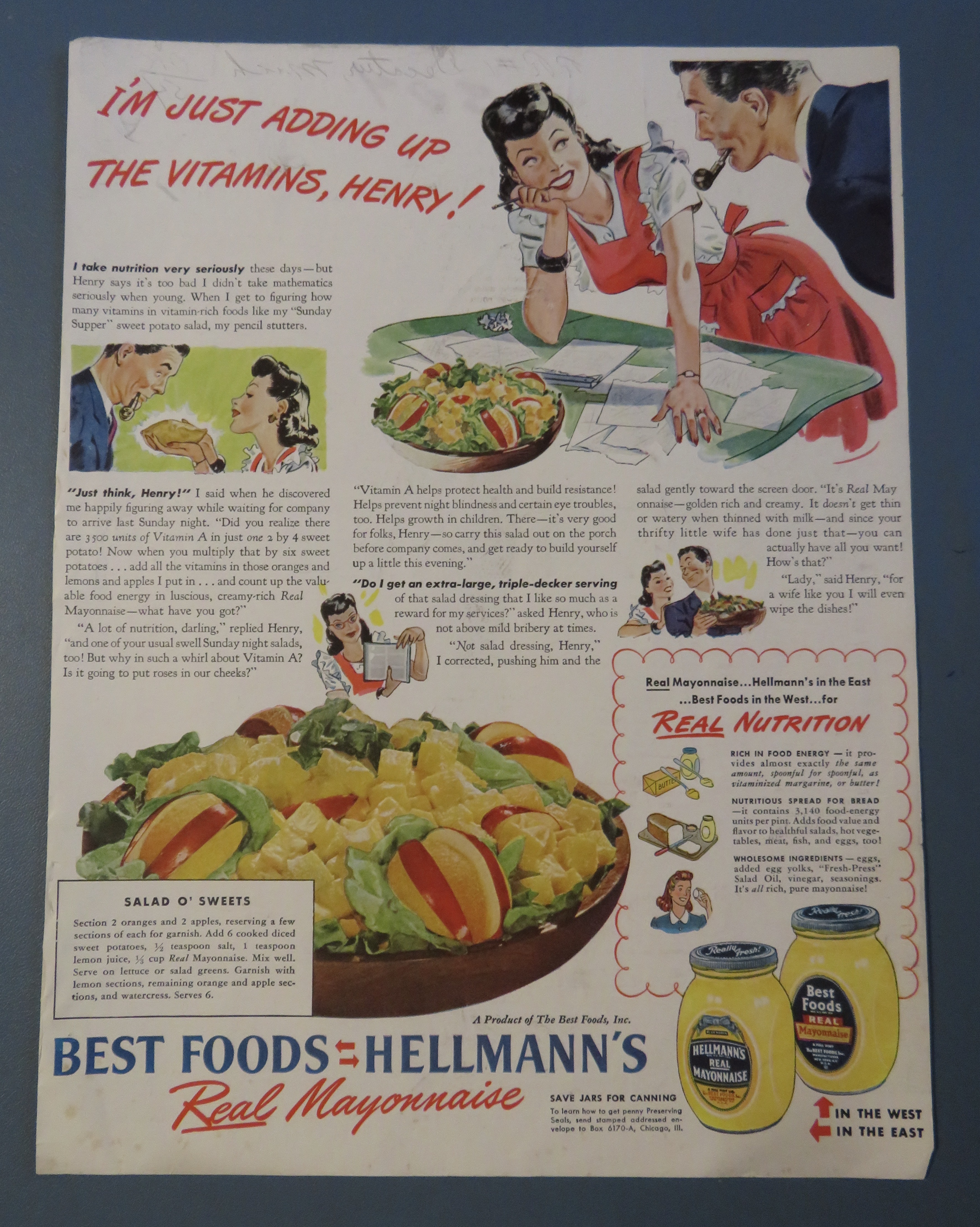 1943 Hellmann's Real Mayonnaise with Salad O' Sweets