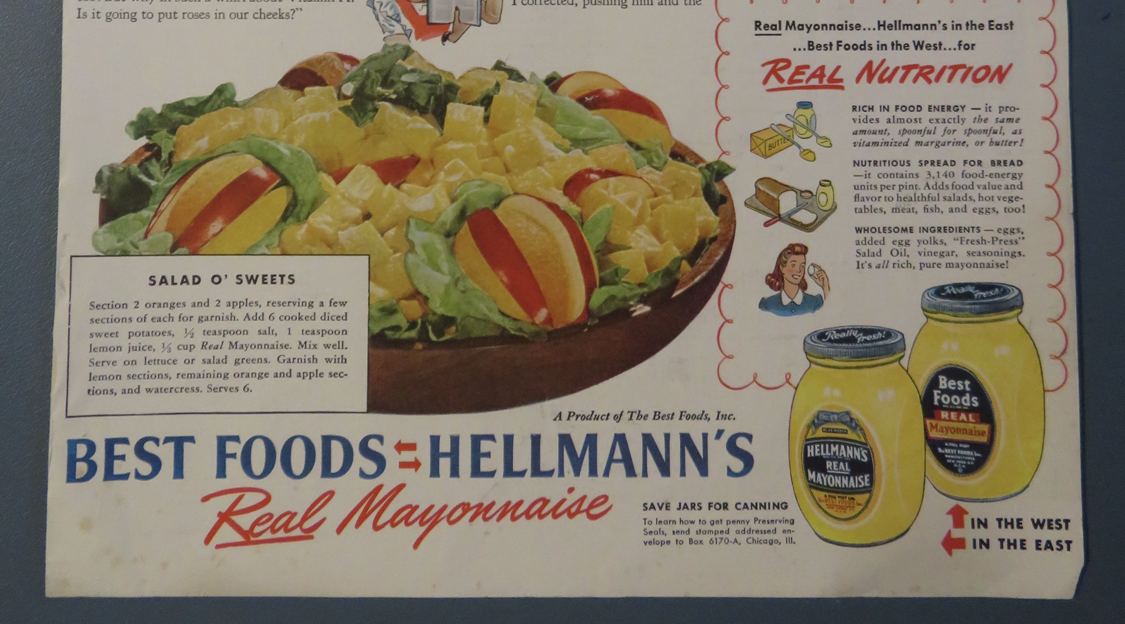 1943 Hellmann's Real Mayonnaise with Salad O' Sweets
