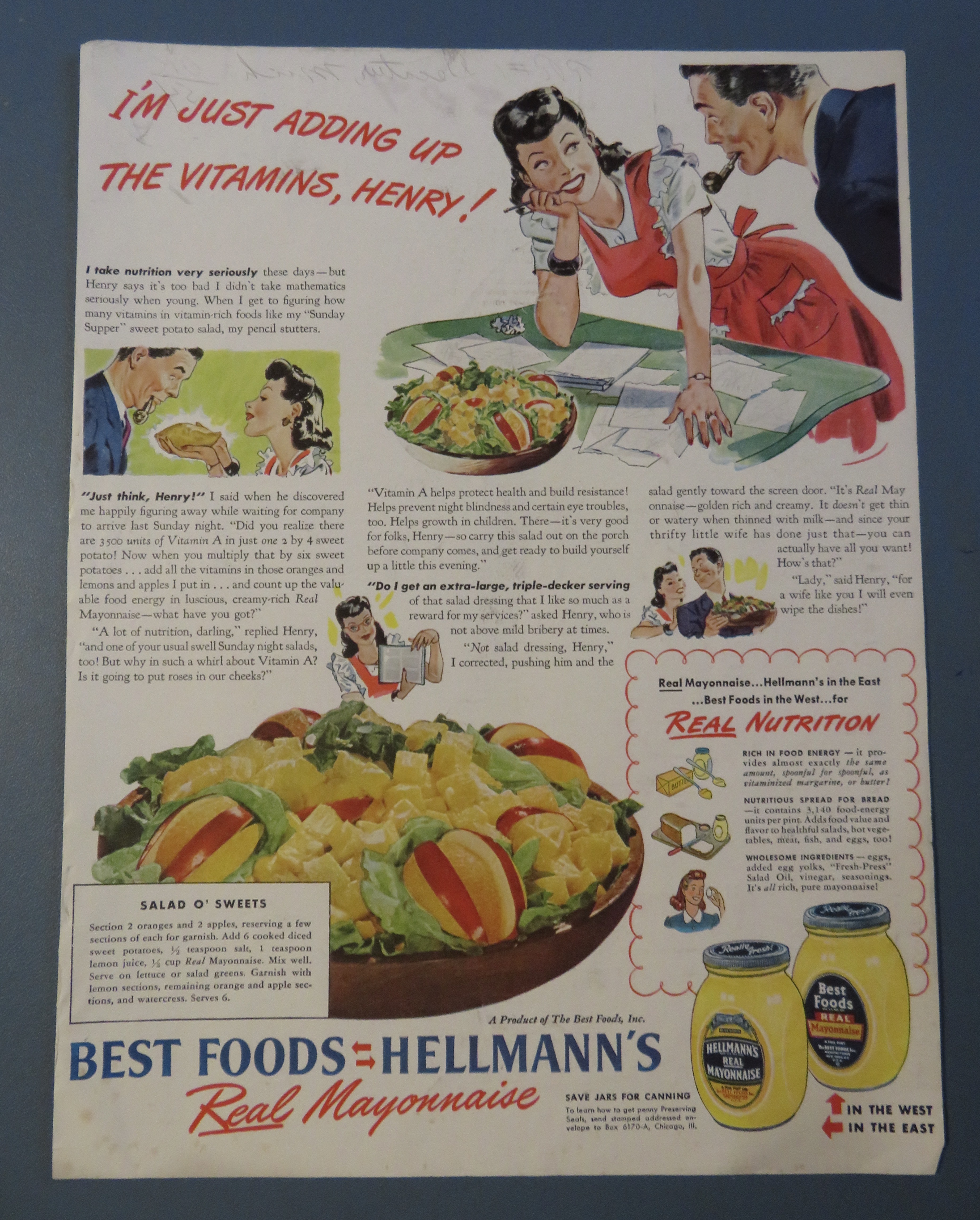 1943 Hellmann's Real Mayonnaise with Salad O' Sweets