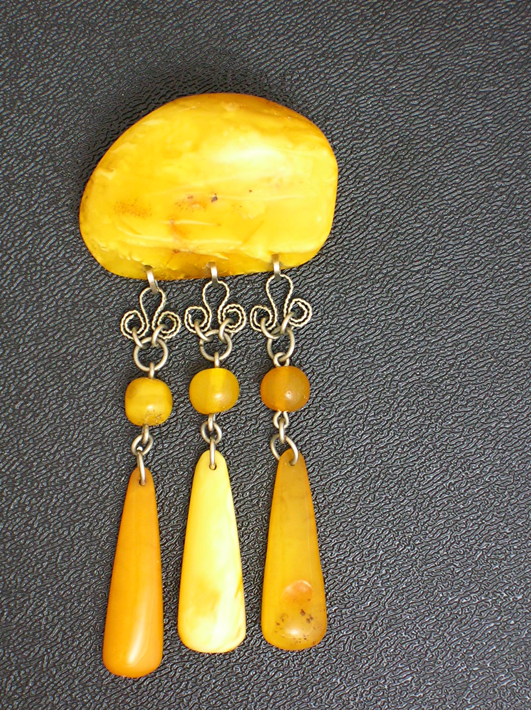 Baltic Amber  Egg Yolk Teardrop Dangles Brooch