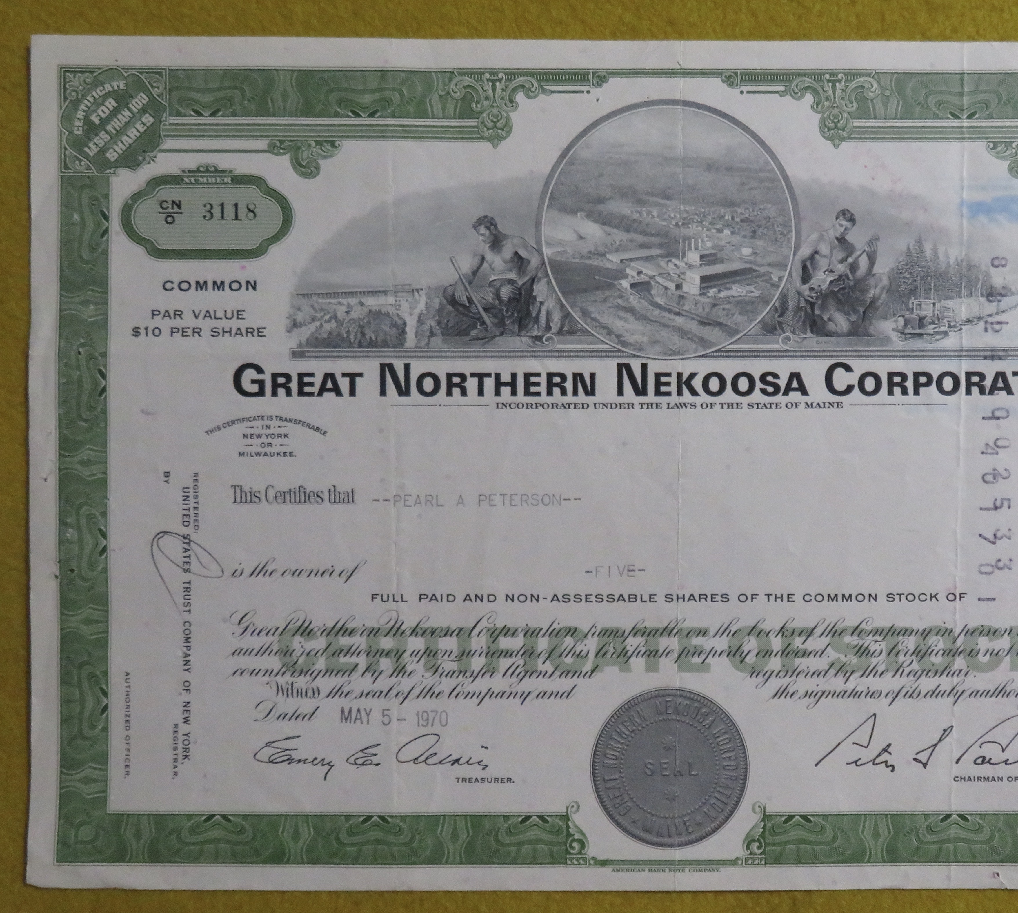 Stock Certificate May 5, 1970 Great Northern Nekoosa