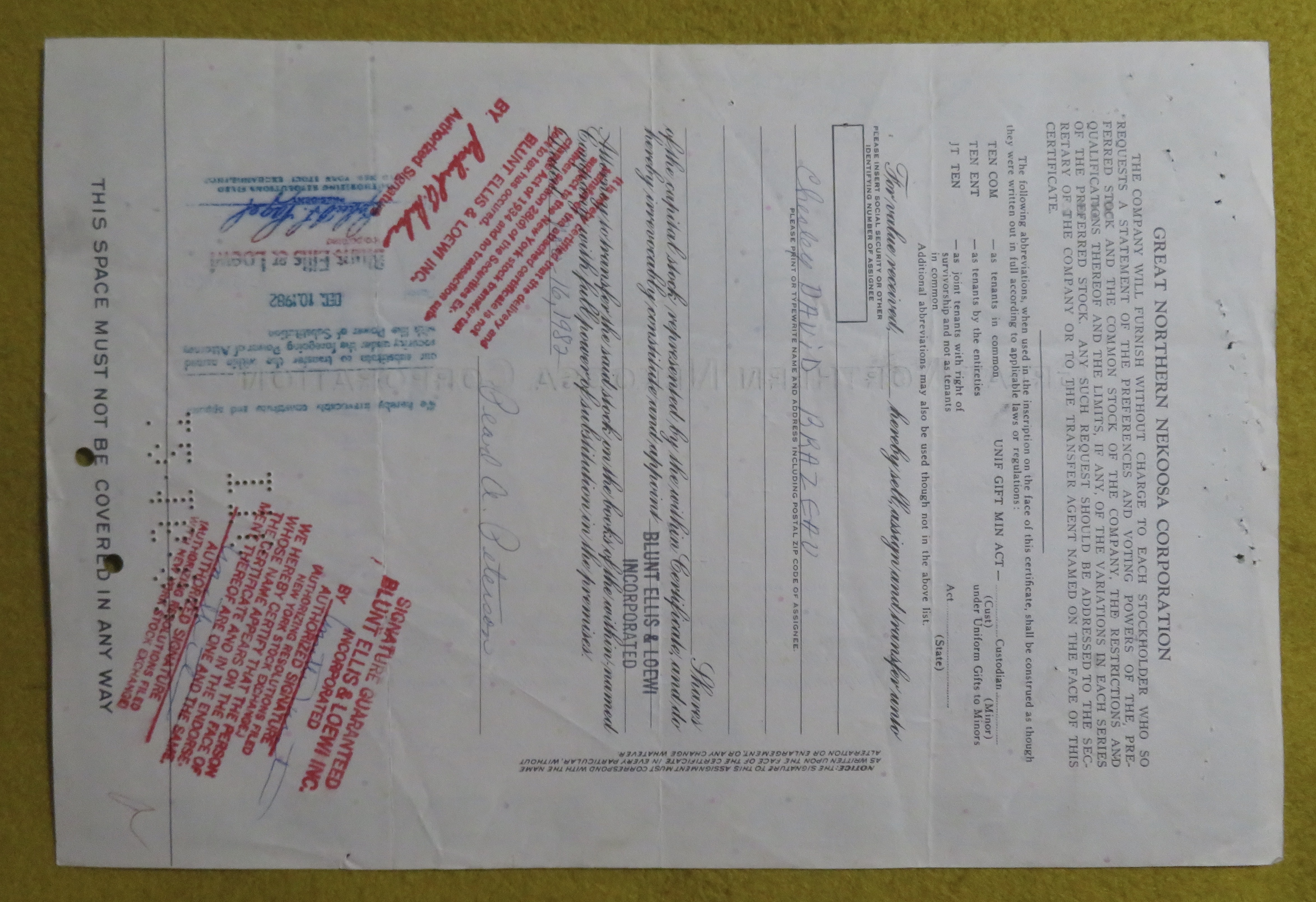 Stock Certificate May 5, 1970 Great Northern Nekoosa