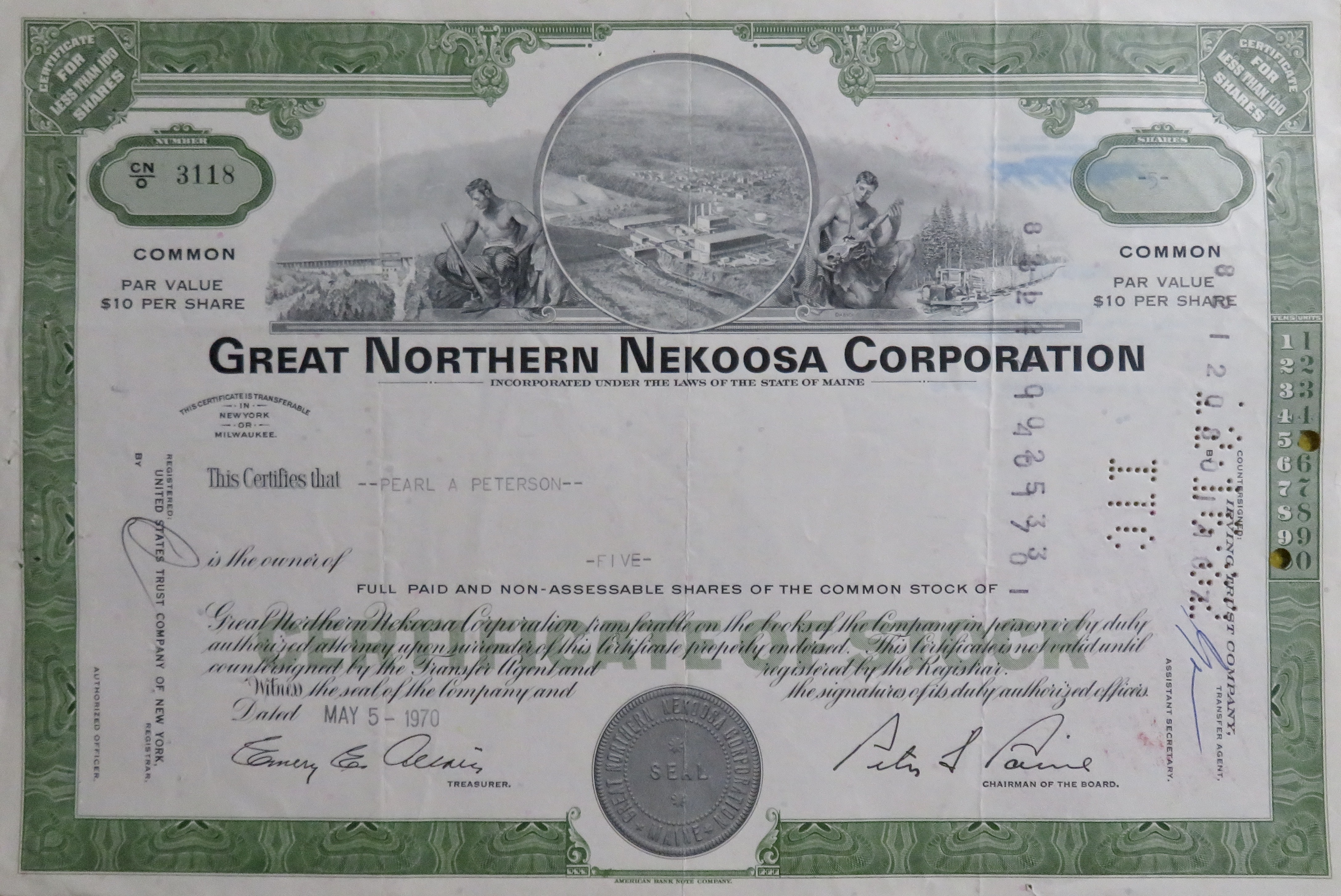 Stock Certificate May 5, 1970 Great Northern Nekoosa