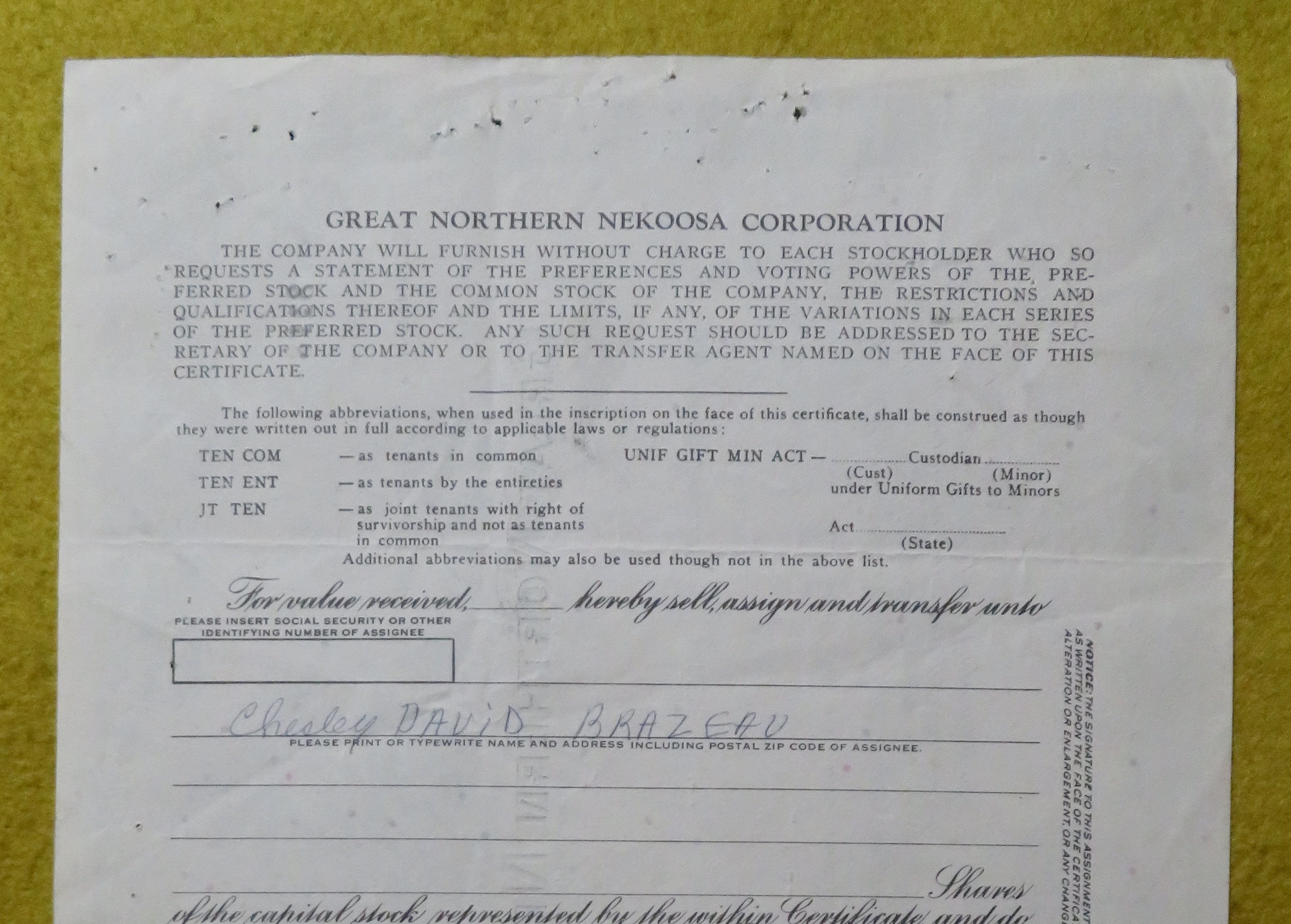 Stock Certificate May 5, 1970 Great Northern Nekoosa