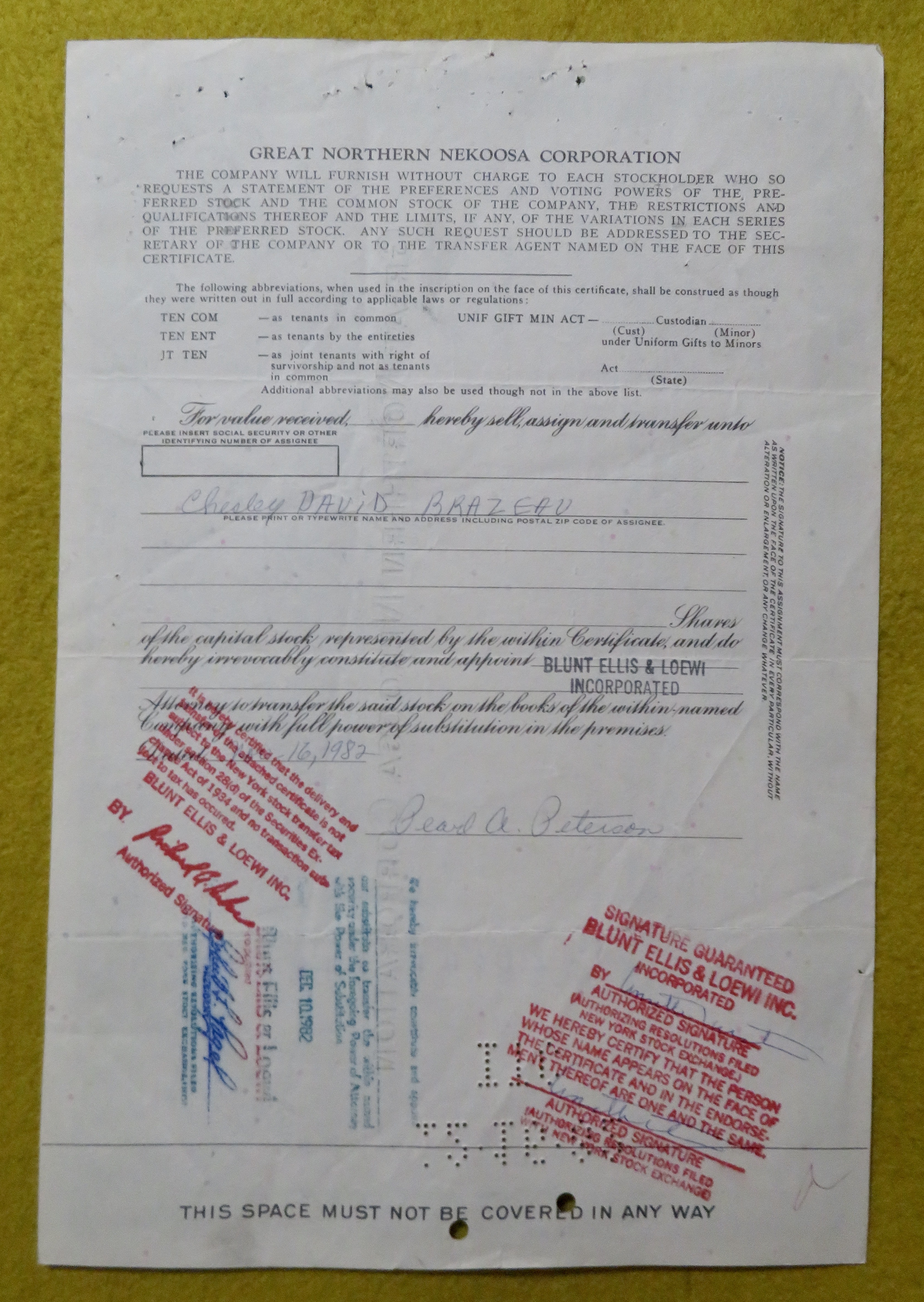 Stock Certificate May 5, 1970 Great Northern Nekoosa