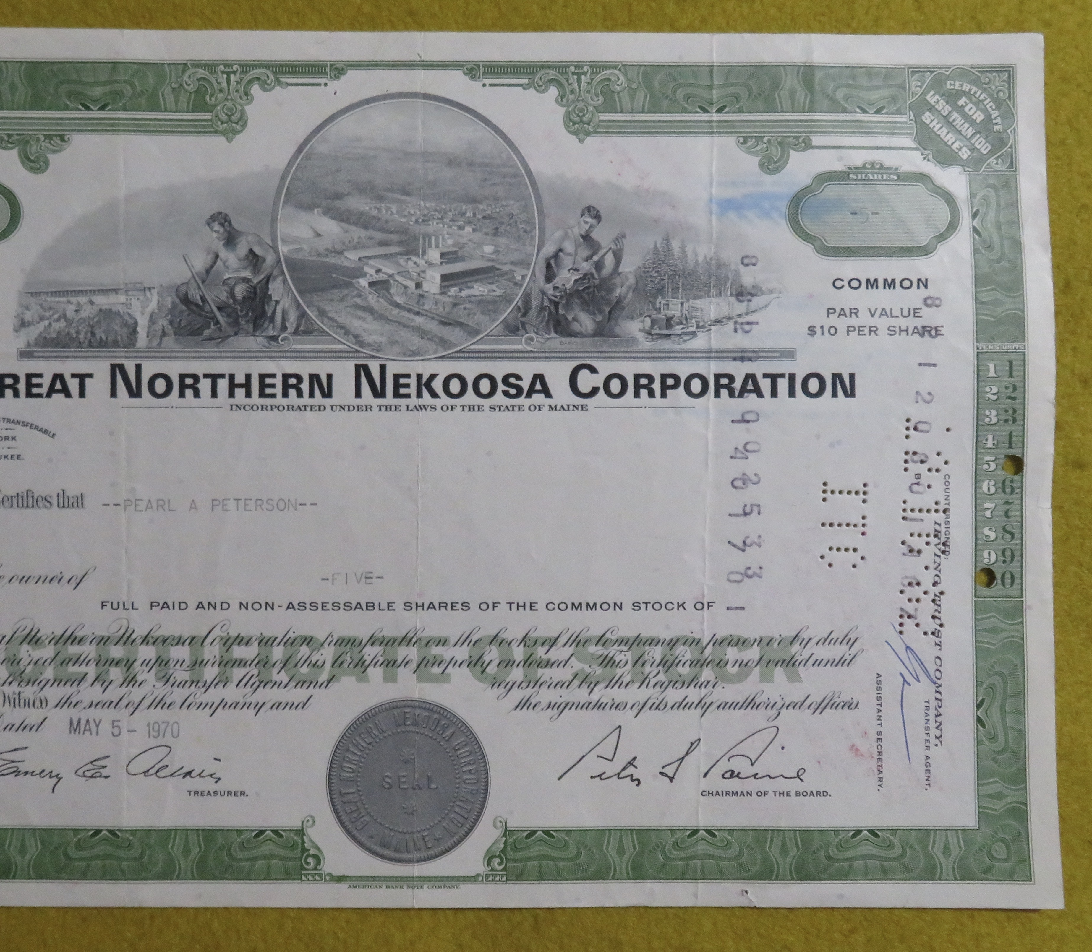 Stock Certificate May 5, 1970 Great Northern Nekoosa