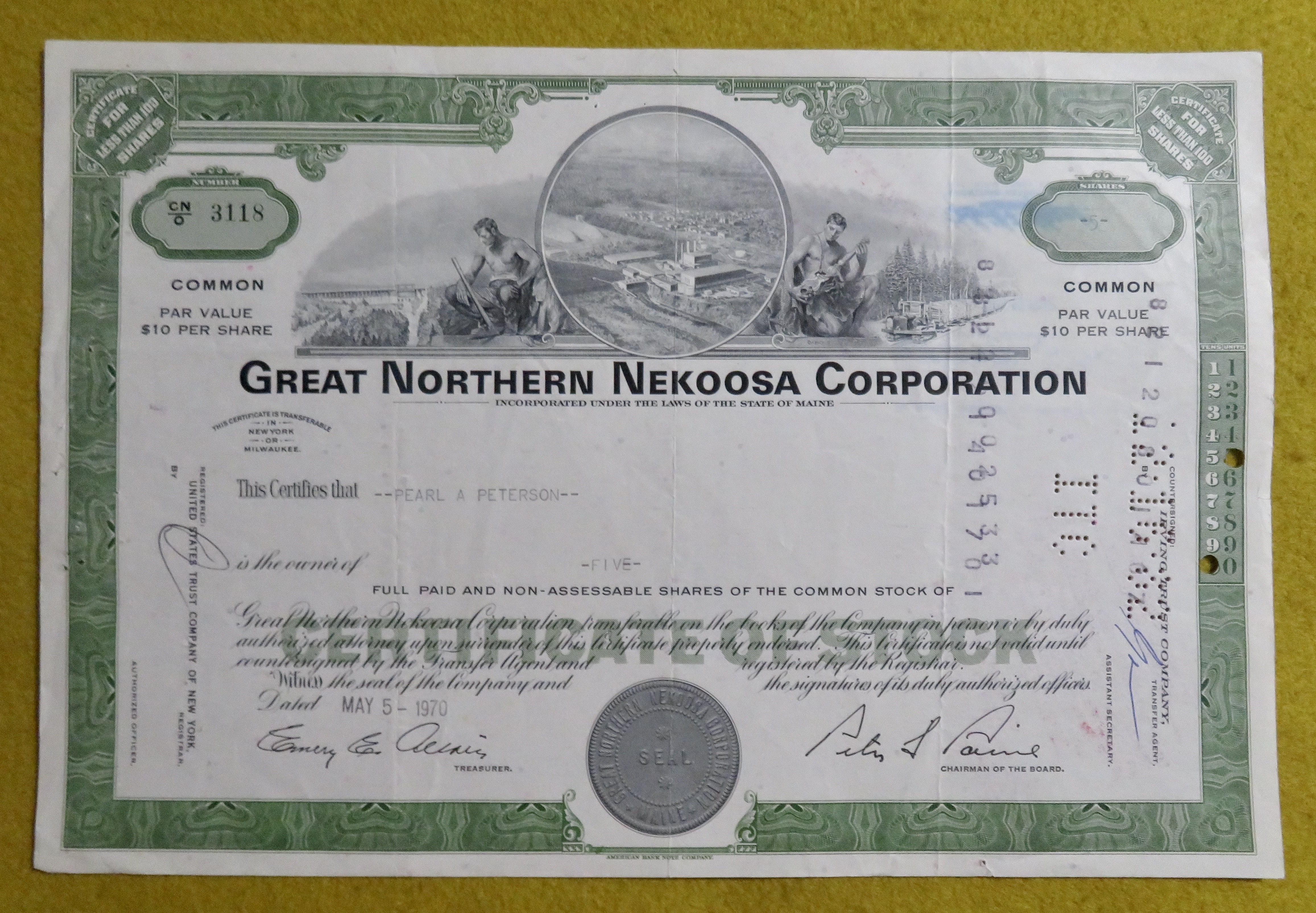 Stock Certificate May 5, 1970 Great Northern Nekoosa