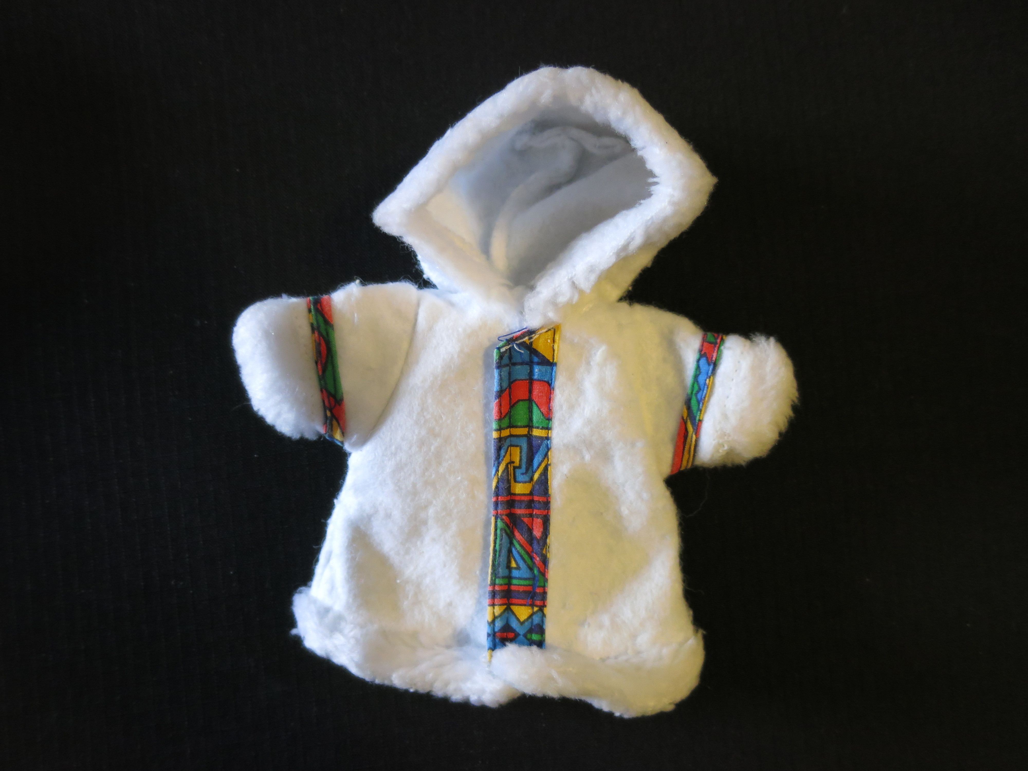 Vintage White Doll Coat Hooded white faux fur and aztec trim