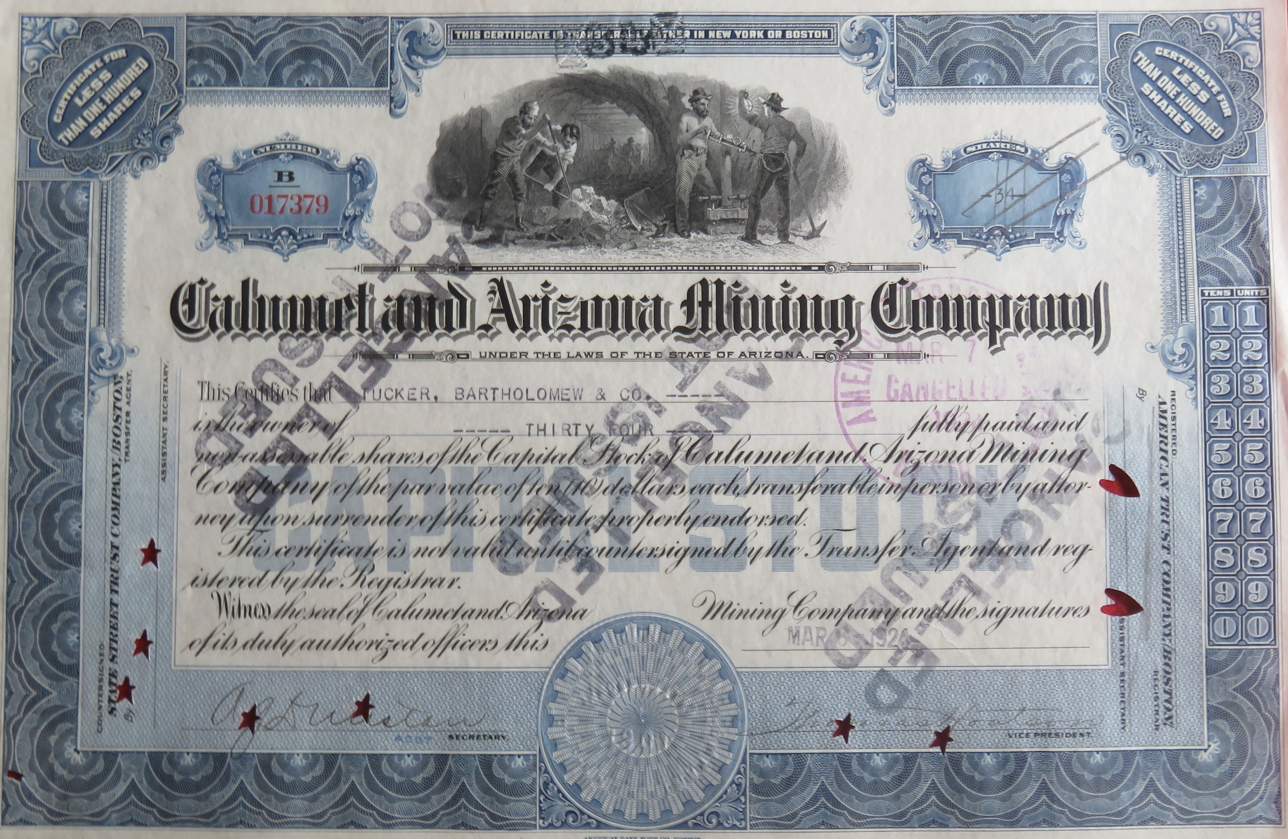 1924 Calumet & Arizona Mining Company Stock Certificate