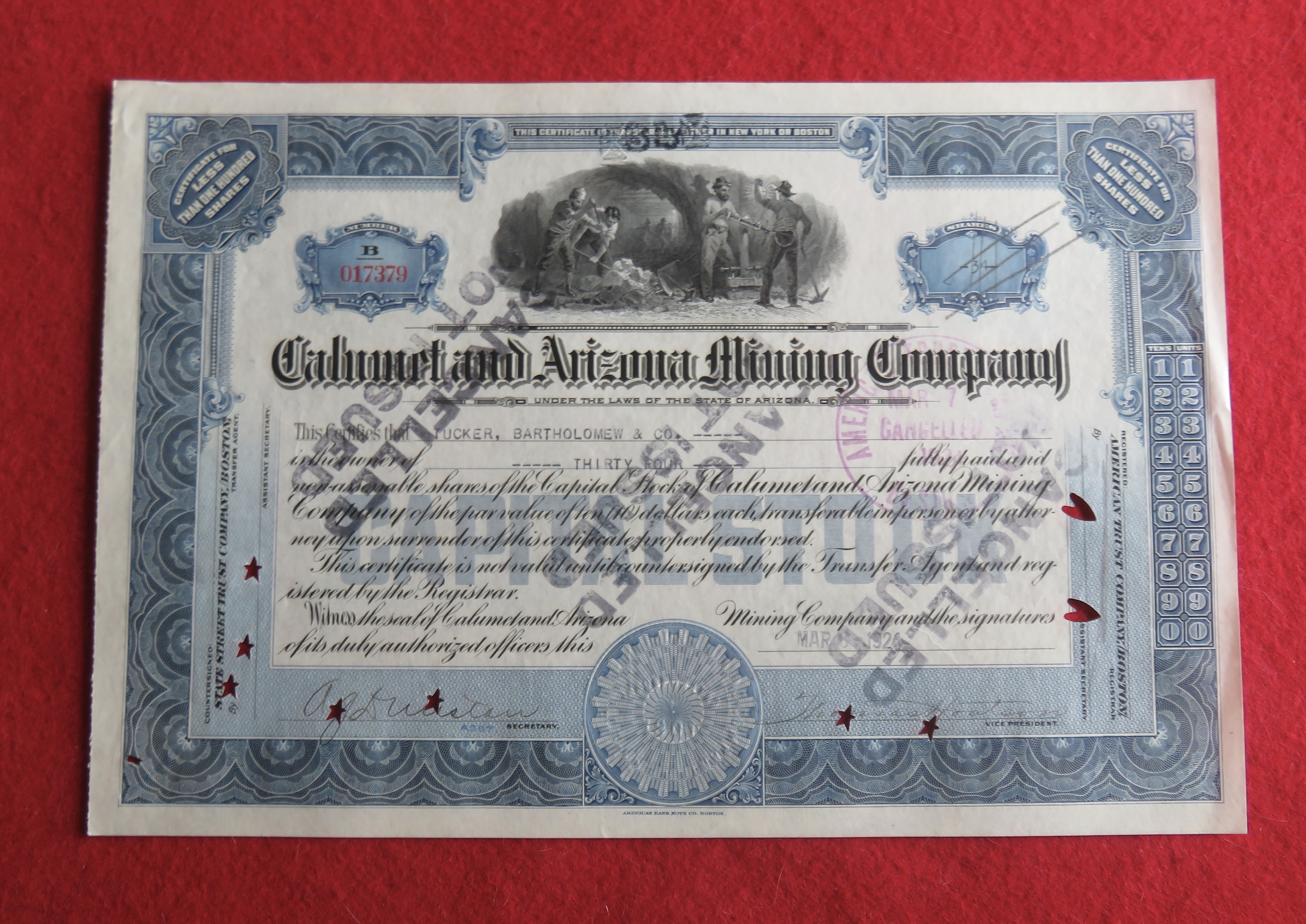 1924 Calumet & Arizona Mining Company Stock Certificate