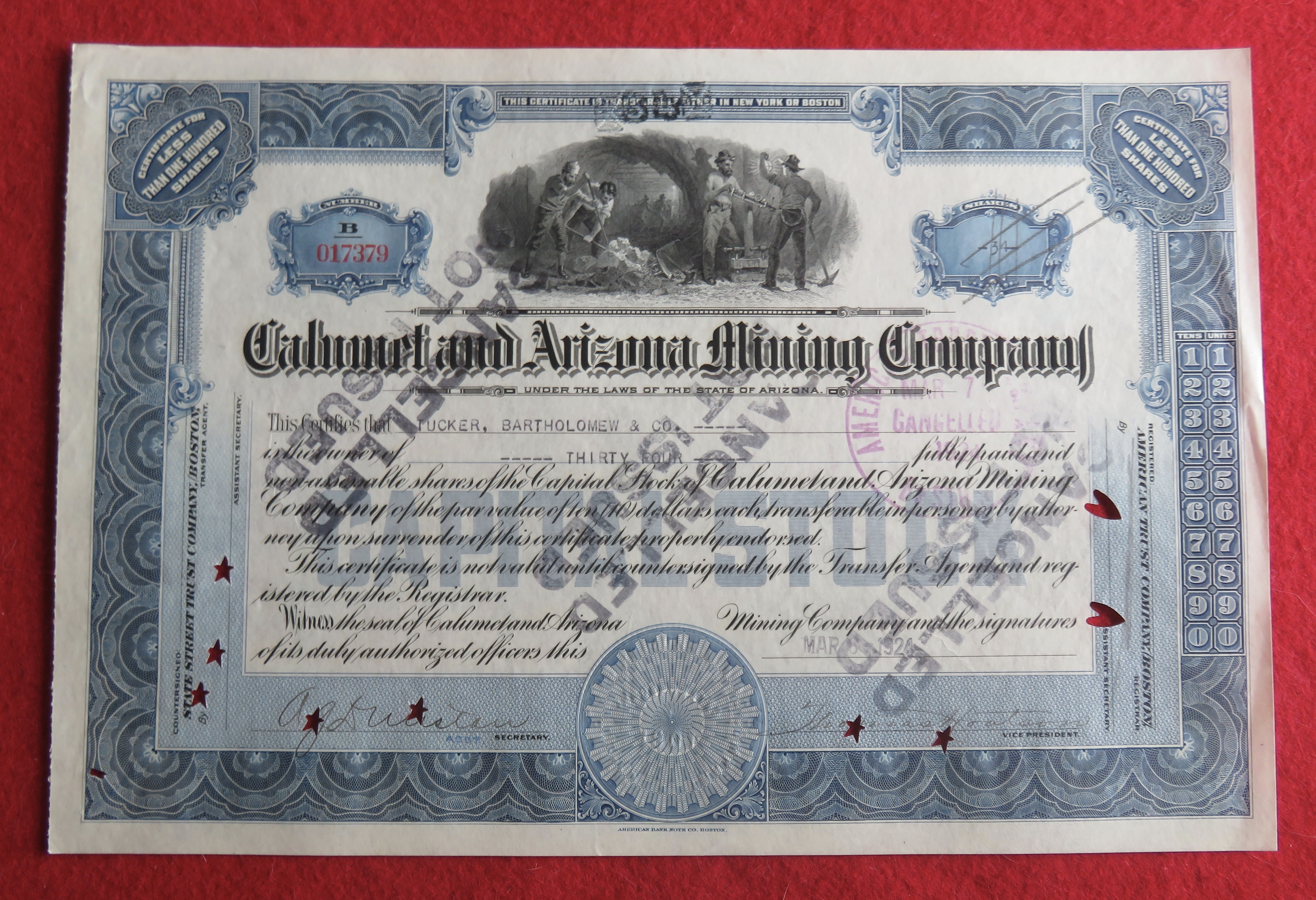 1924 Calumet & Arizona Mining Company Stock Certificate