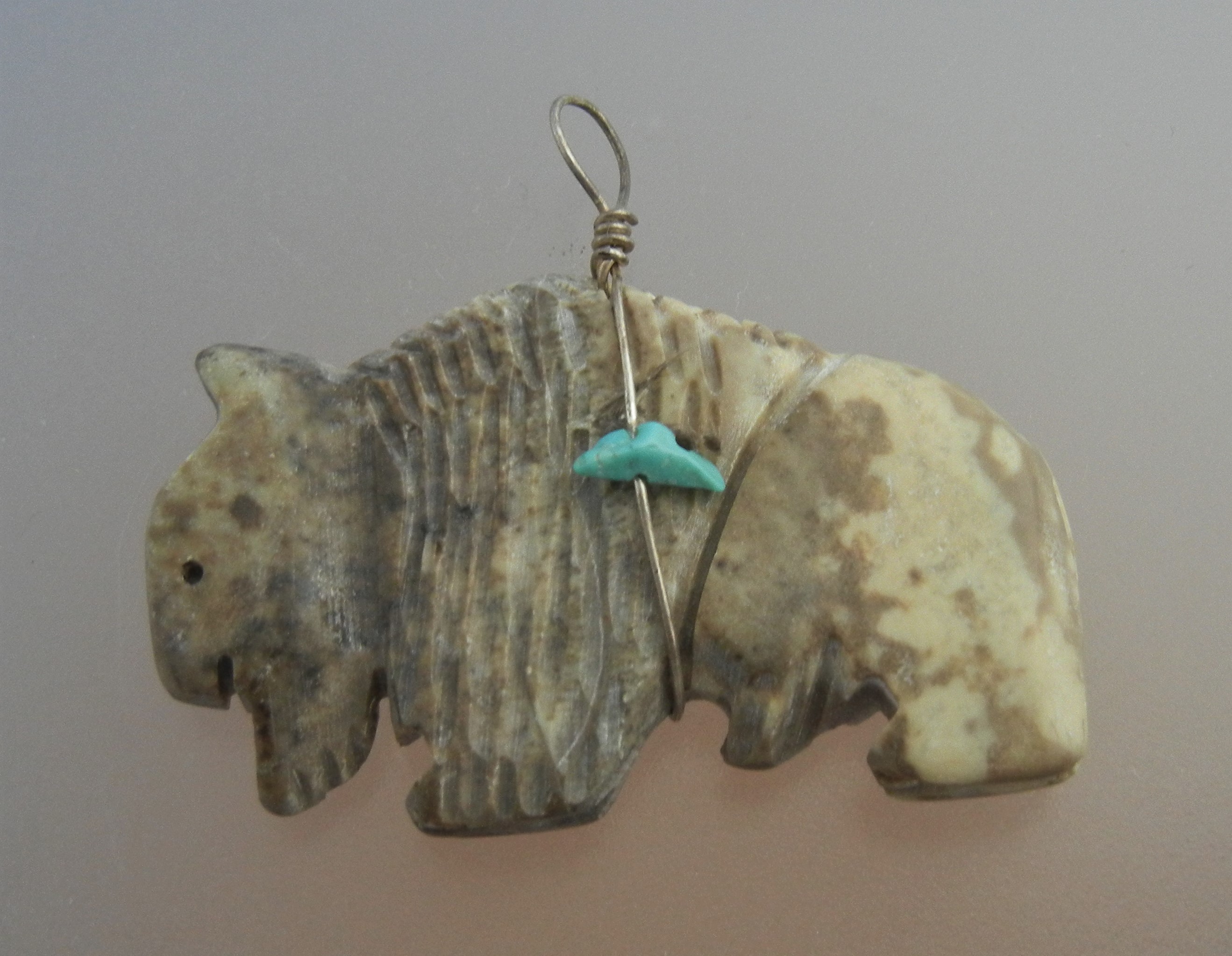 Navajo Carved Buffalo Jasper with Turquoise Pendant