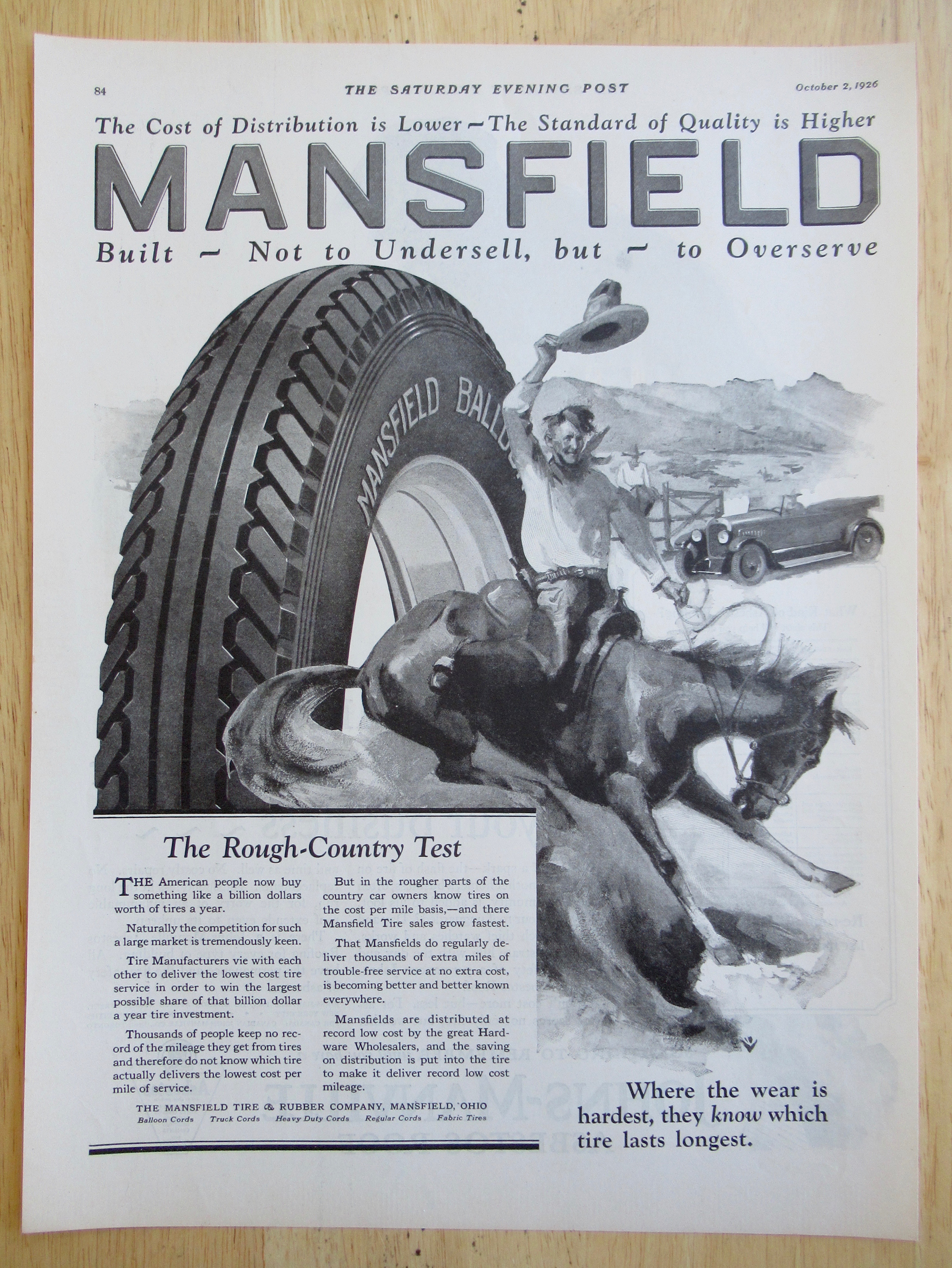 1926 Mansfield Tires with Cowboy on Horse