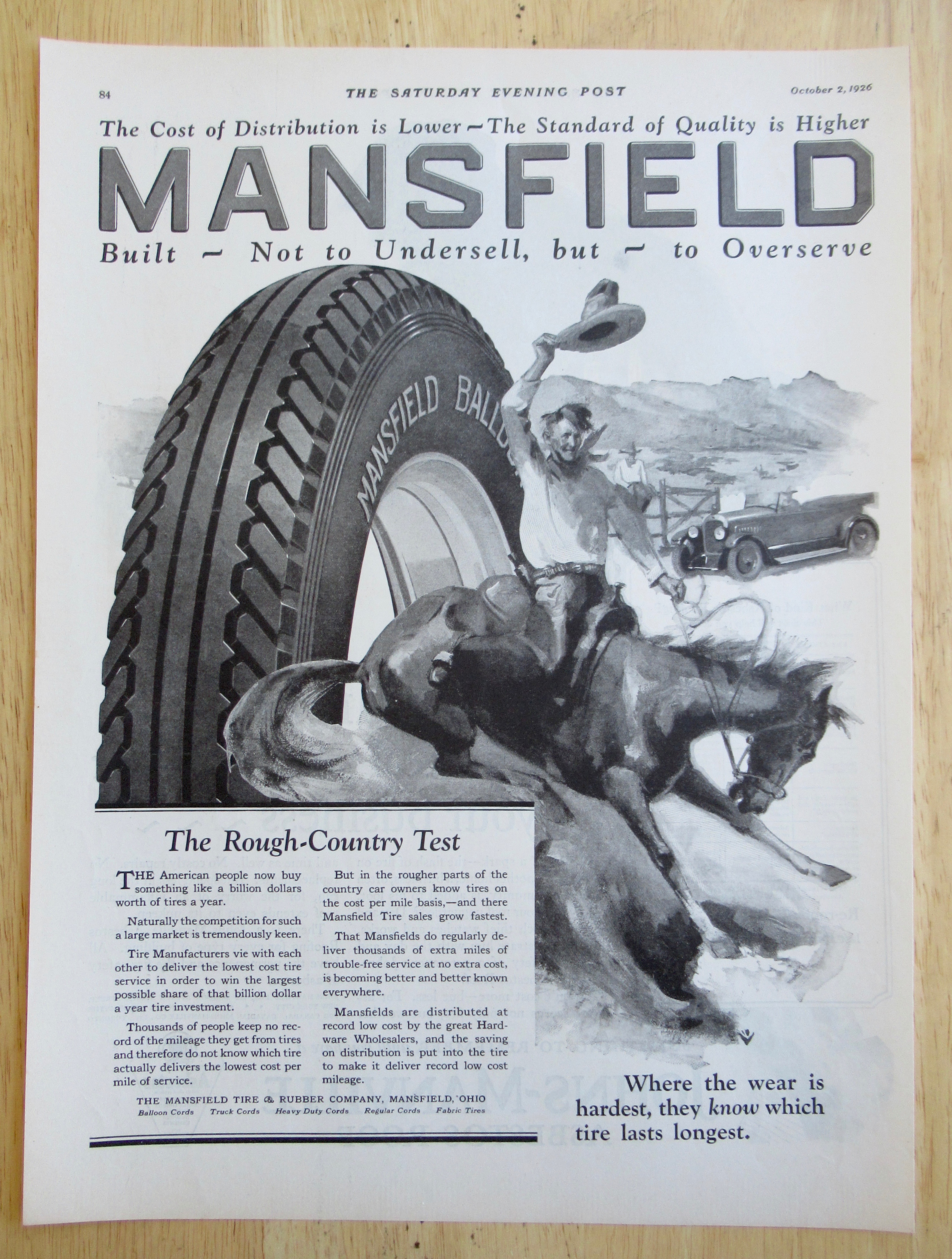 1926 Mansfield Tires with Cowboy on Horse