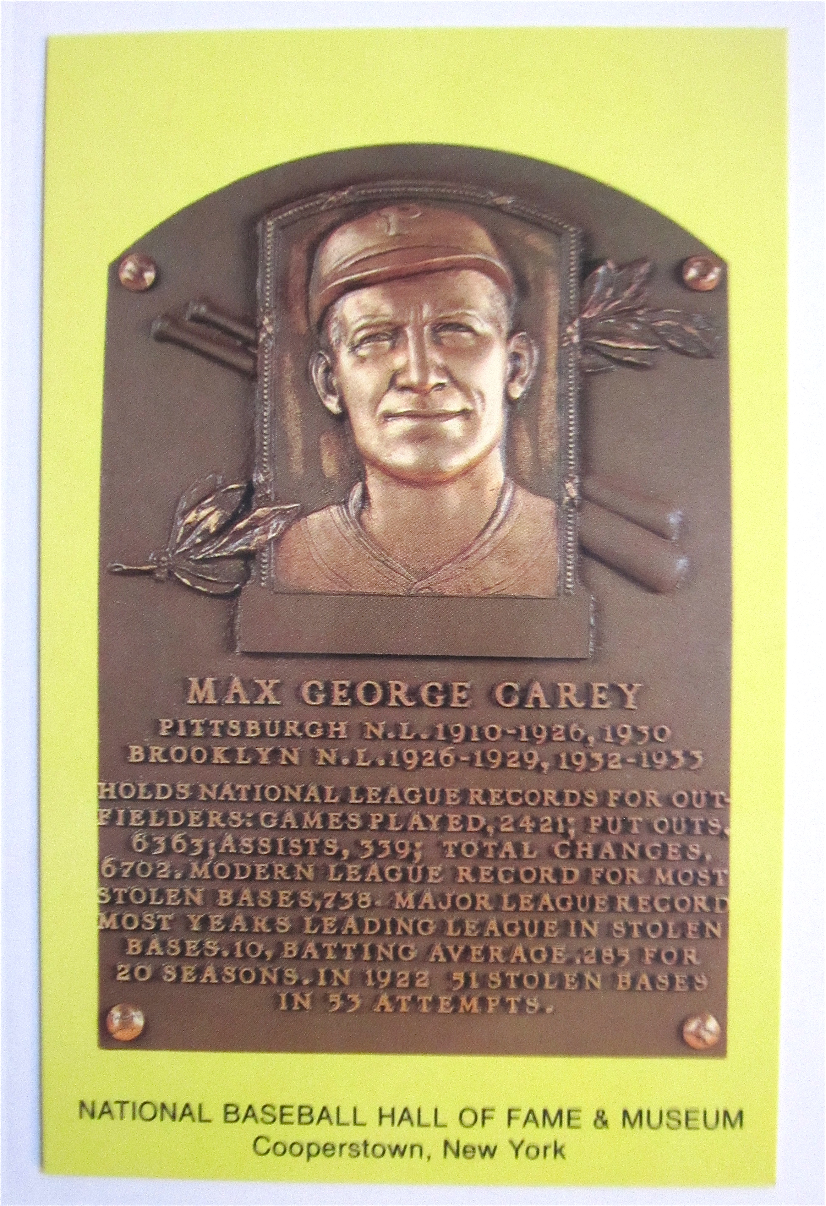 Max George Carey Plaque, Cooperstown, New York Postcard