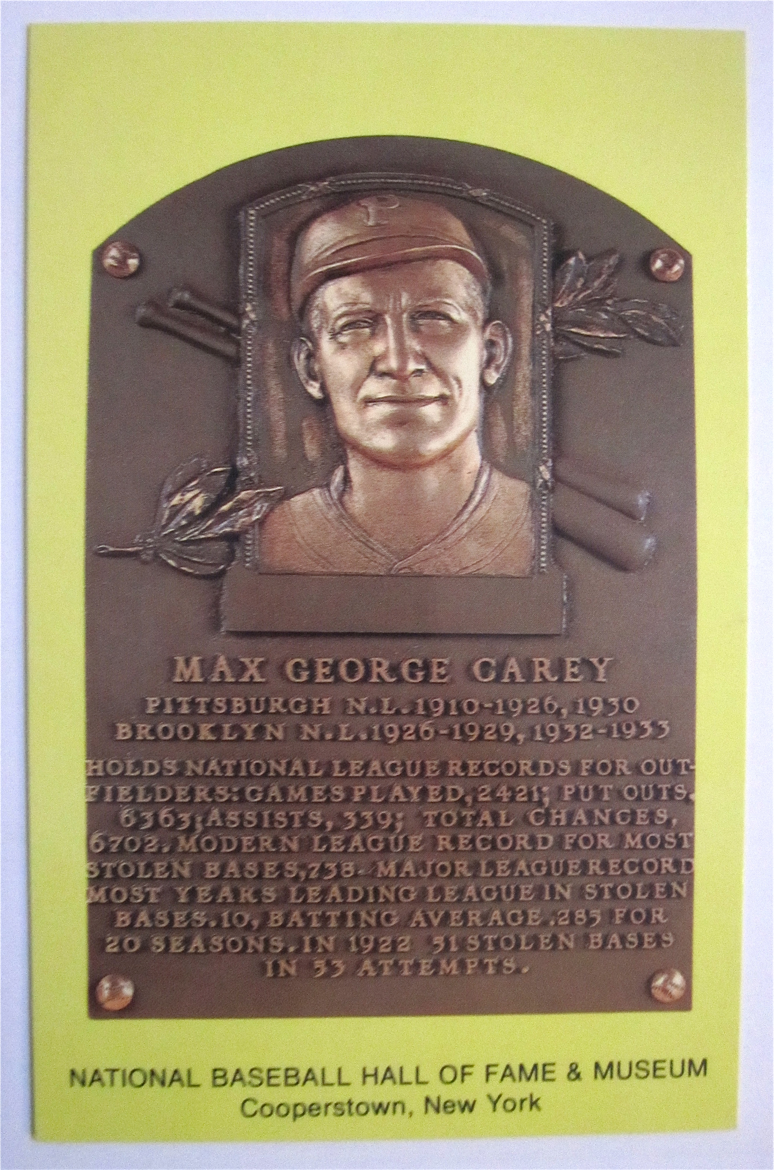 Max George Carey Plaque, Cooperstown, New York Postcard