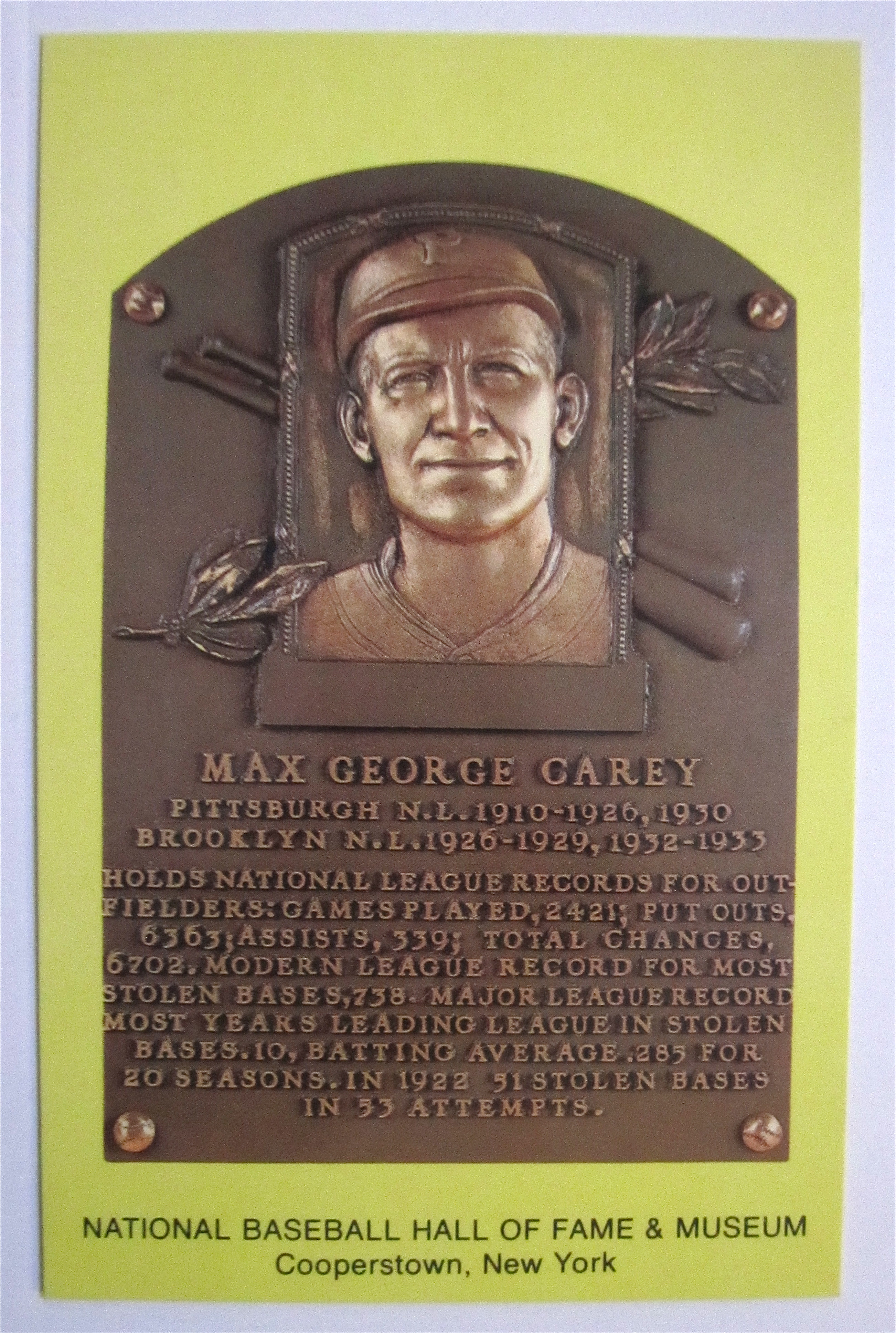 Max George Carey Plaque, Cooperstown, New York Postcard