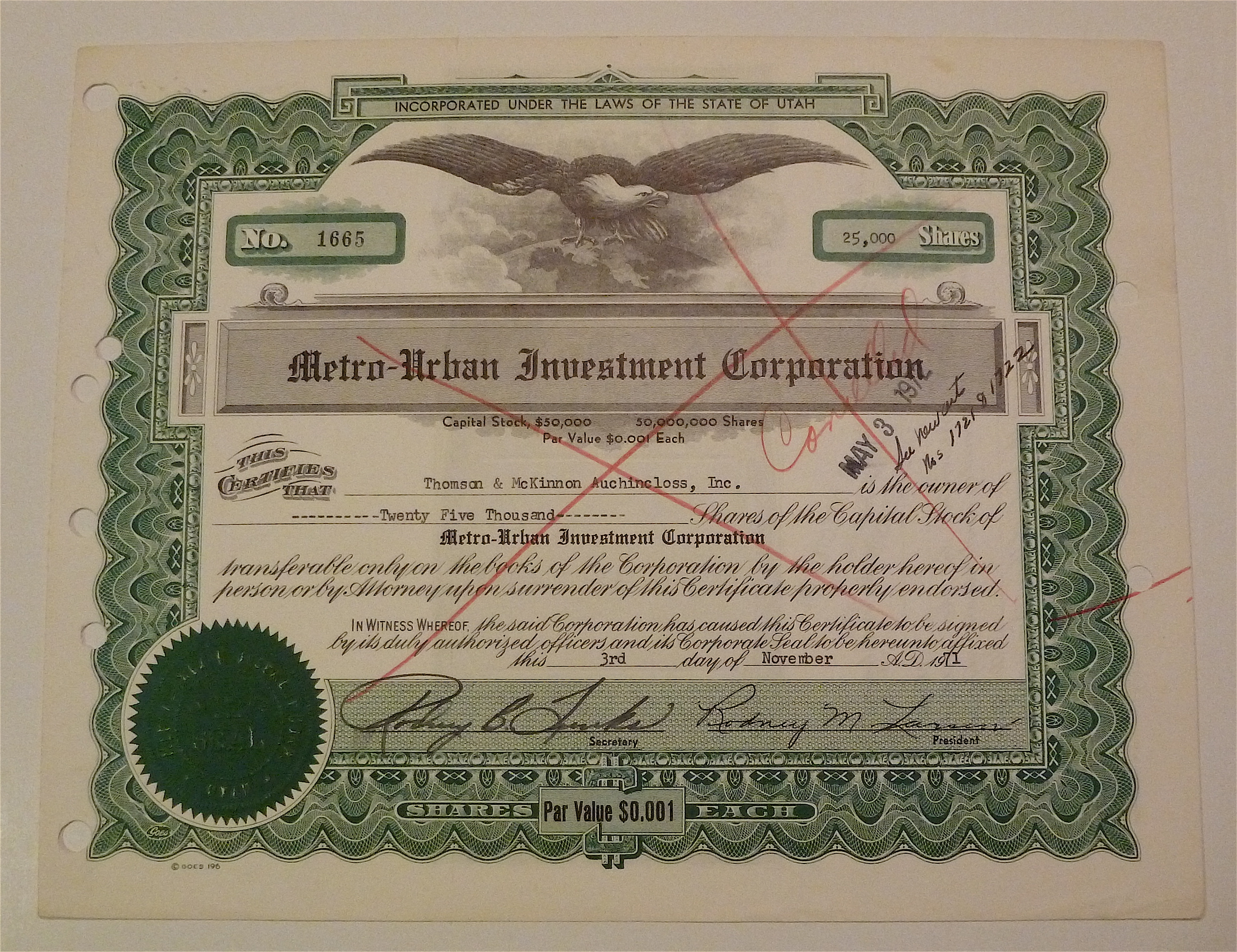 1971 Metro-Urban Investment Corp Stock Certificate