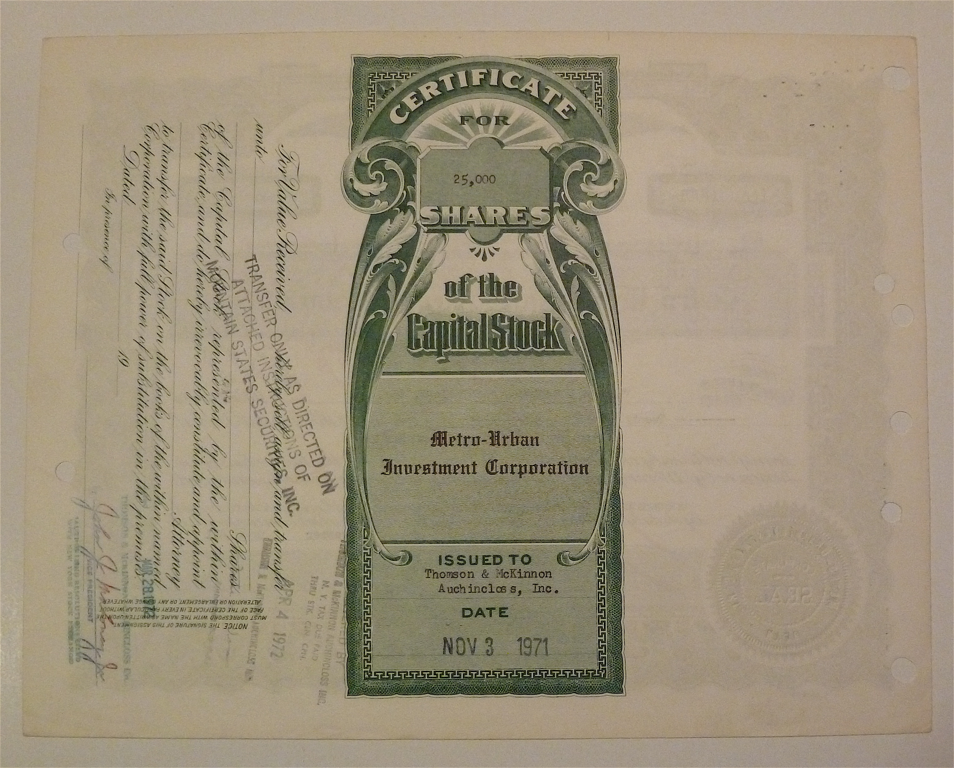 1971 Metro-Urban Investment Corp Stock Certificate