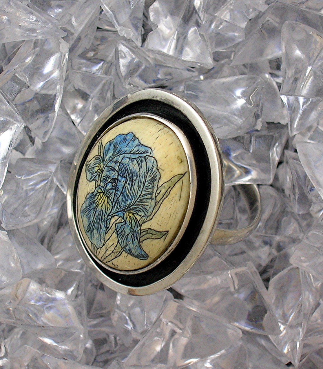 Sterling Silver Ivory Scrimshaw Signed Ring....