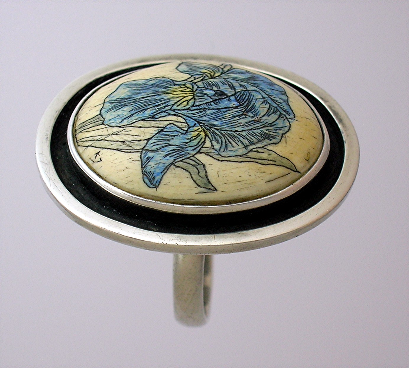 Sterling Silver Ivory Scrimshaw Signed Ring....
