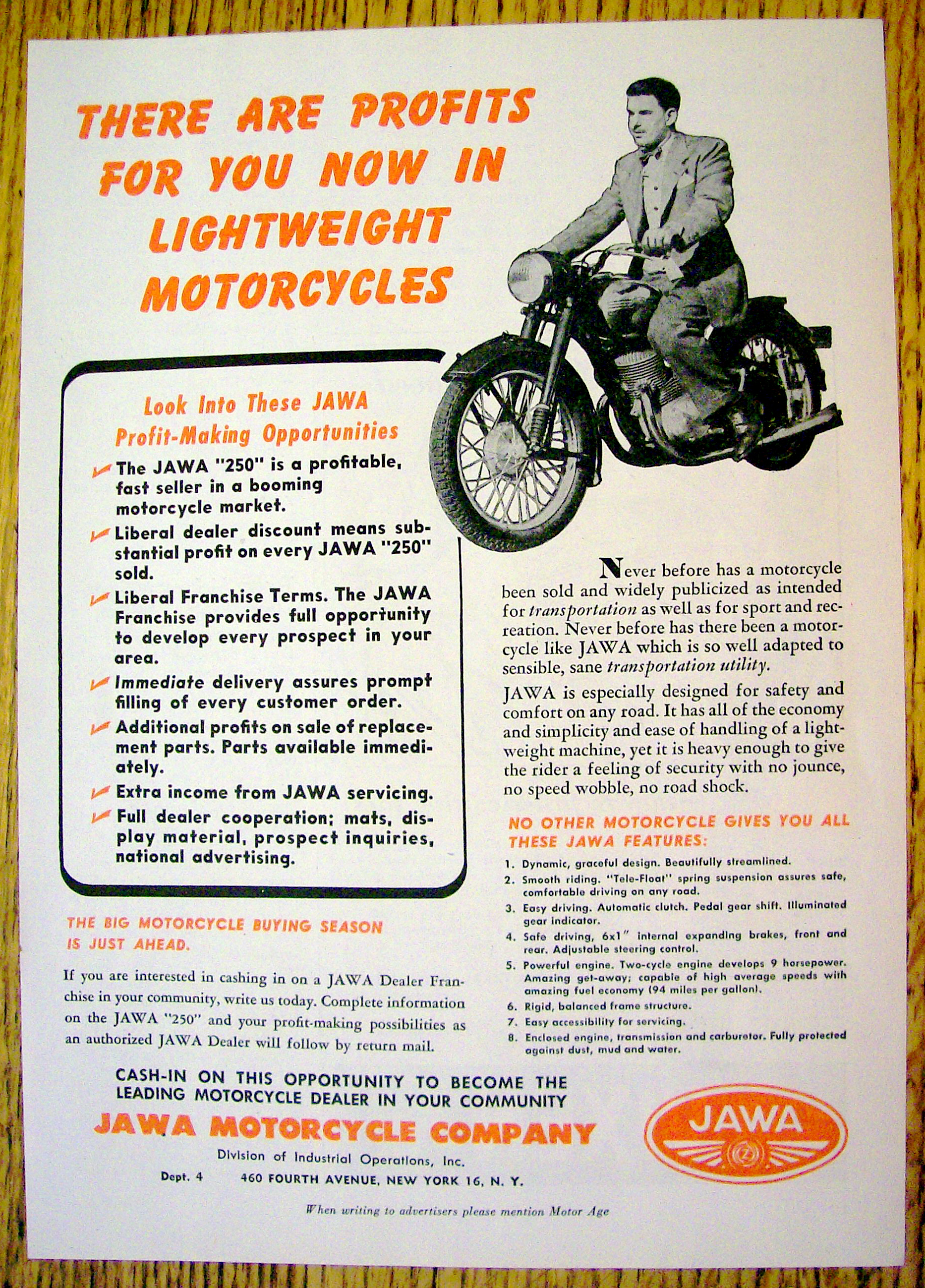 1948 Jawa Motorcycle with Man on Bike