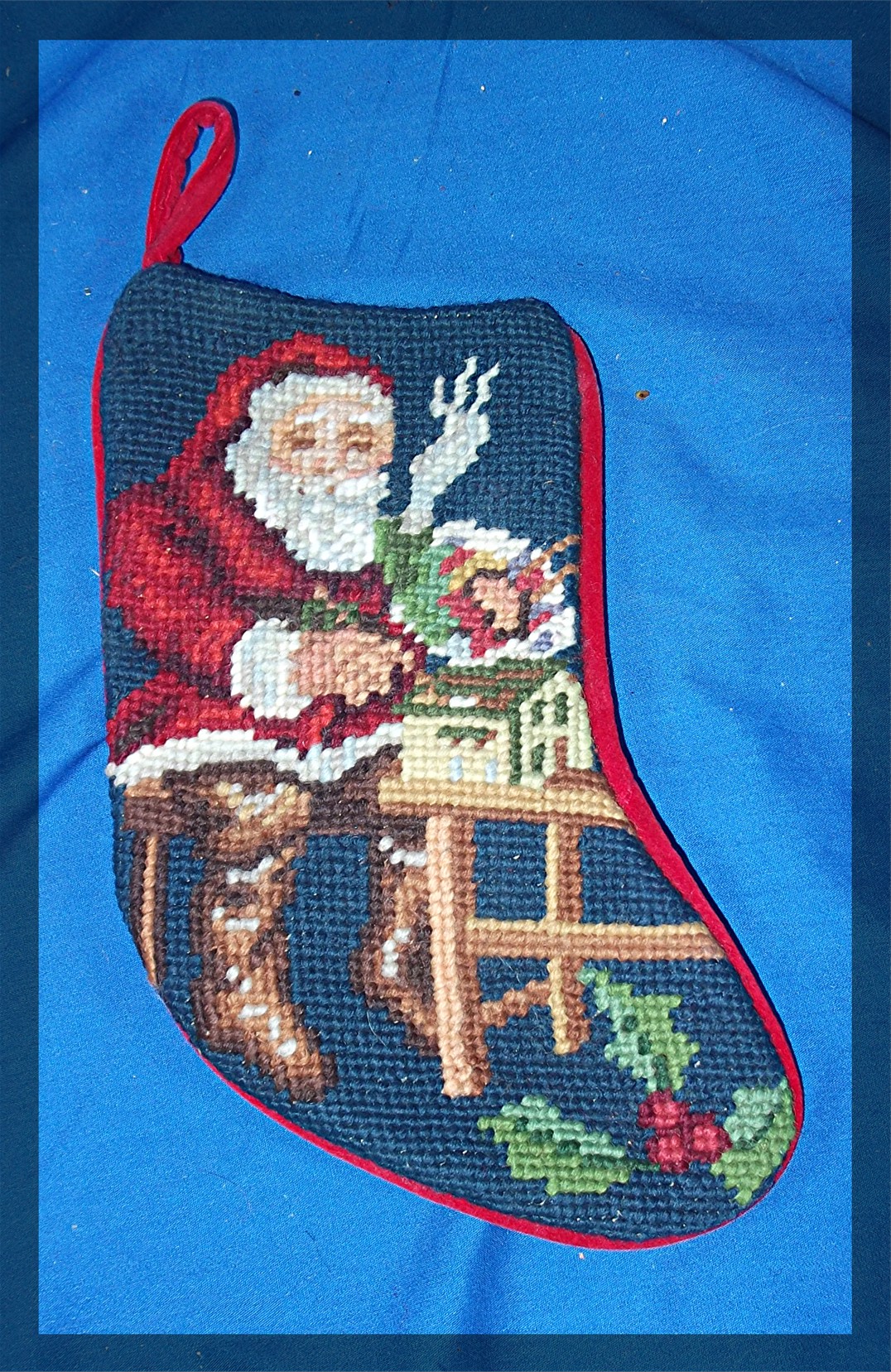 Christmas Stocking, cross stitched, Santa