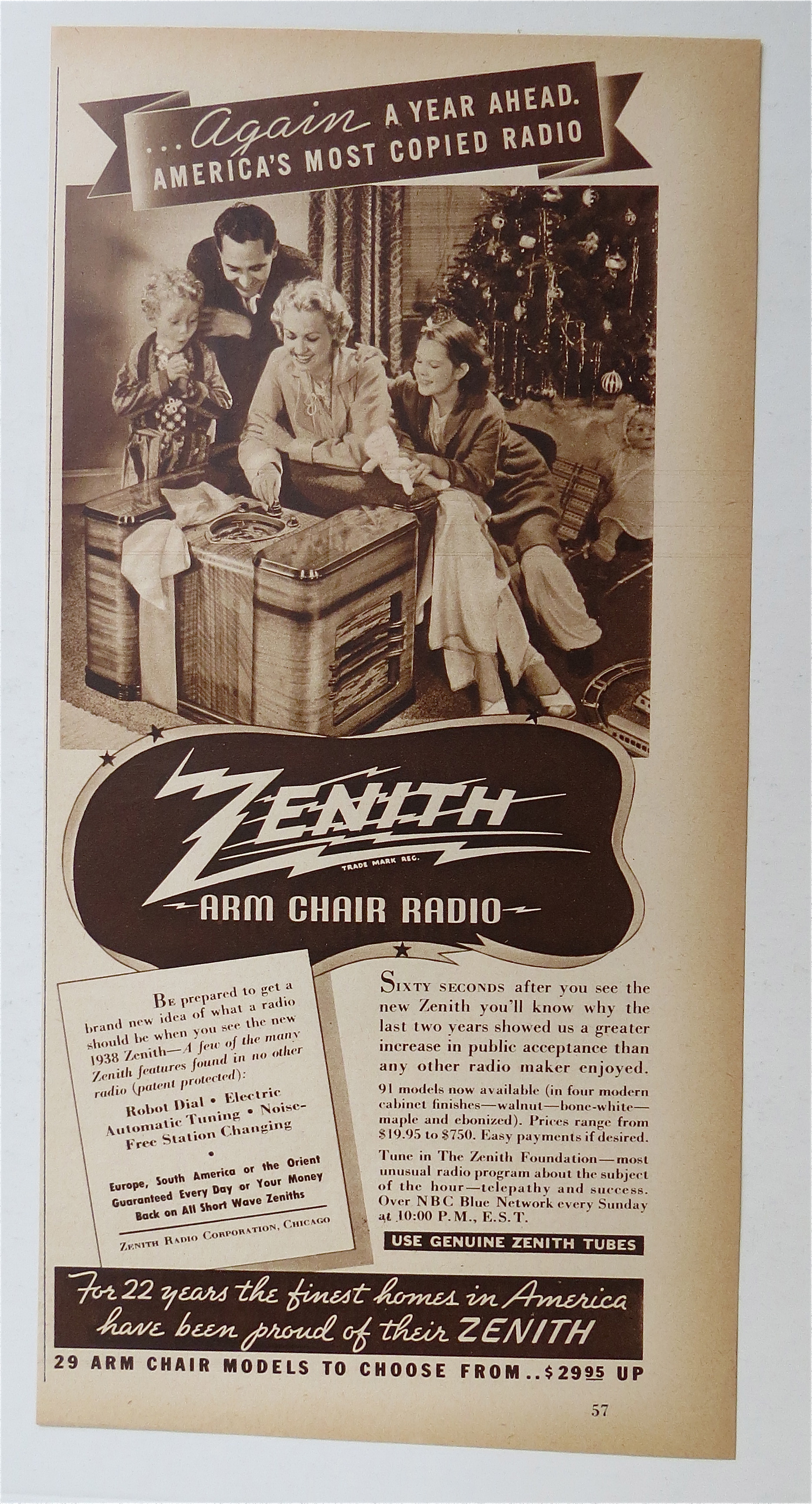 1937 Zenith Arm Chair Radio with Family At Christmas