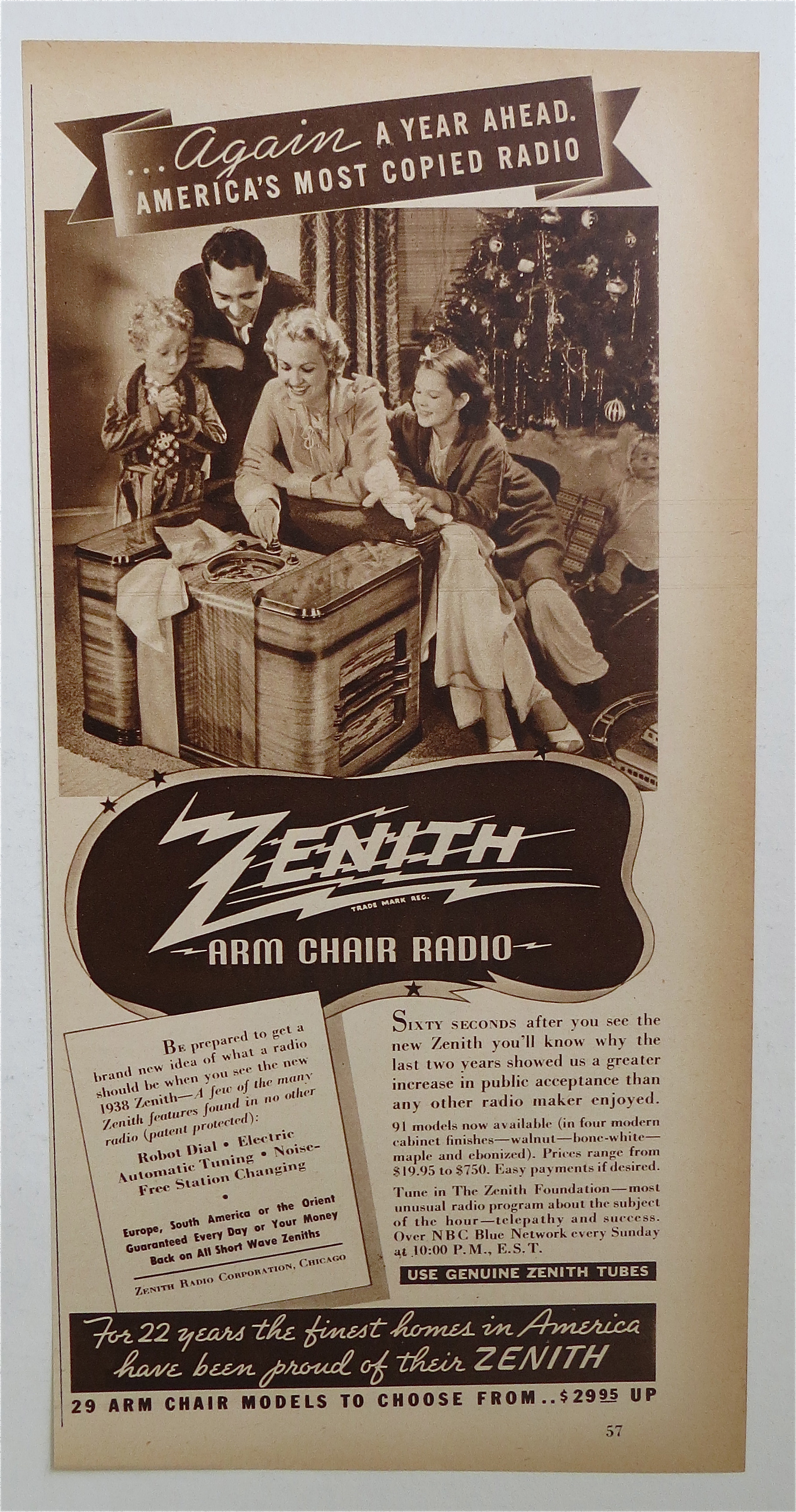 1937 Zenith Arm Chair Radio with Family At Christmas