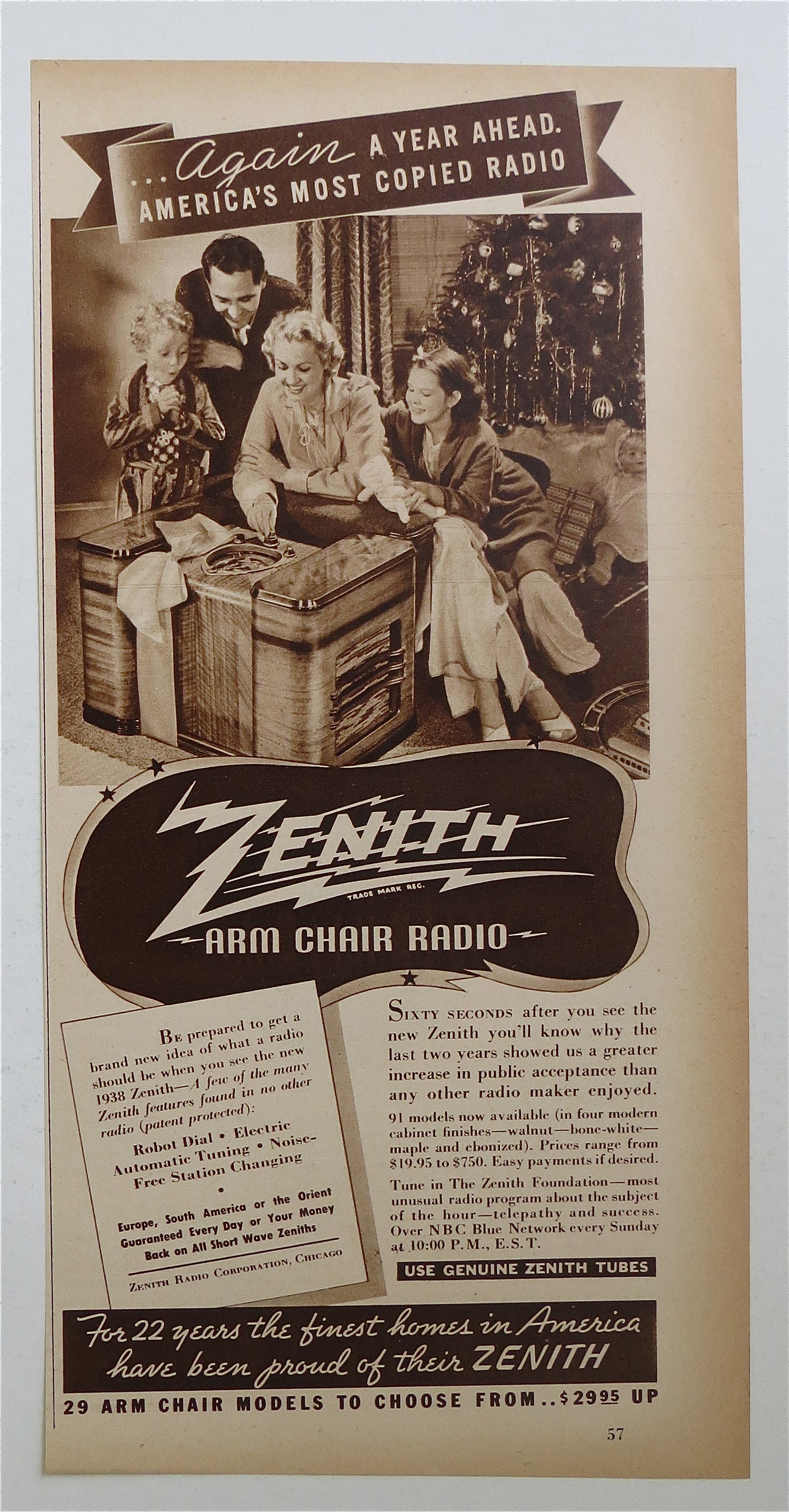 1937 Zenith Arm Chair Radio with Family At Christmas