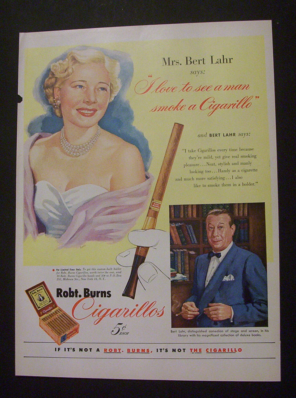 1952 Robt Burns Cigarillos w/ Mr & Mrs. Bert Lahr